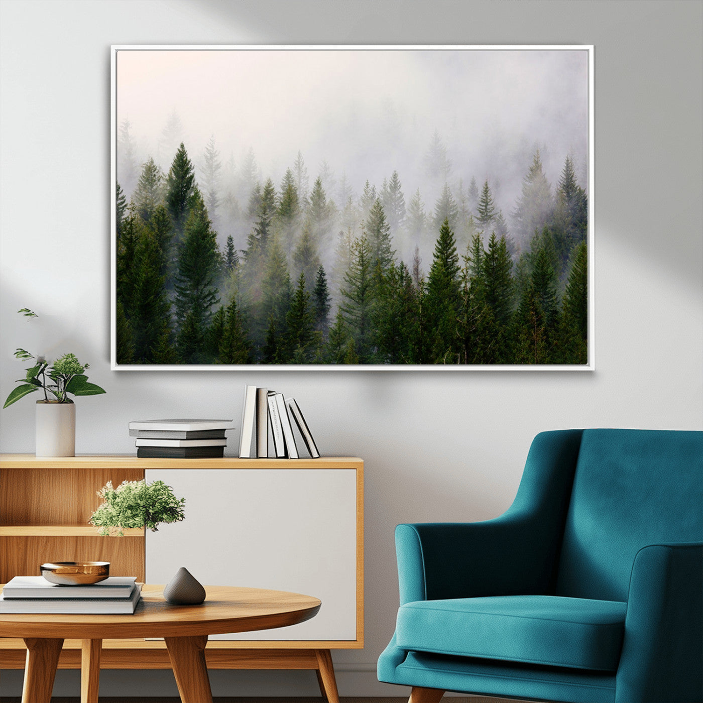MGV-FC-36X24 - Misty Pine Forest Wall Art Canvas Print | 3 Panel Green Woodland Canvas Print for Living Room, Office, or Dining Room | Nature Foggy Forest Decor