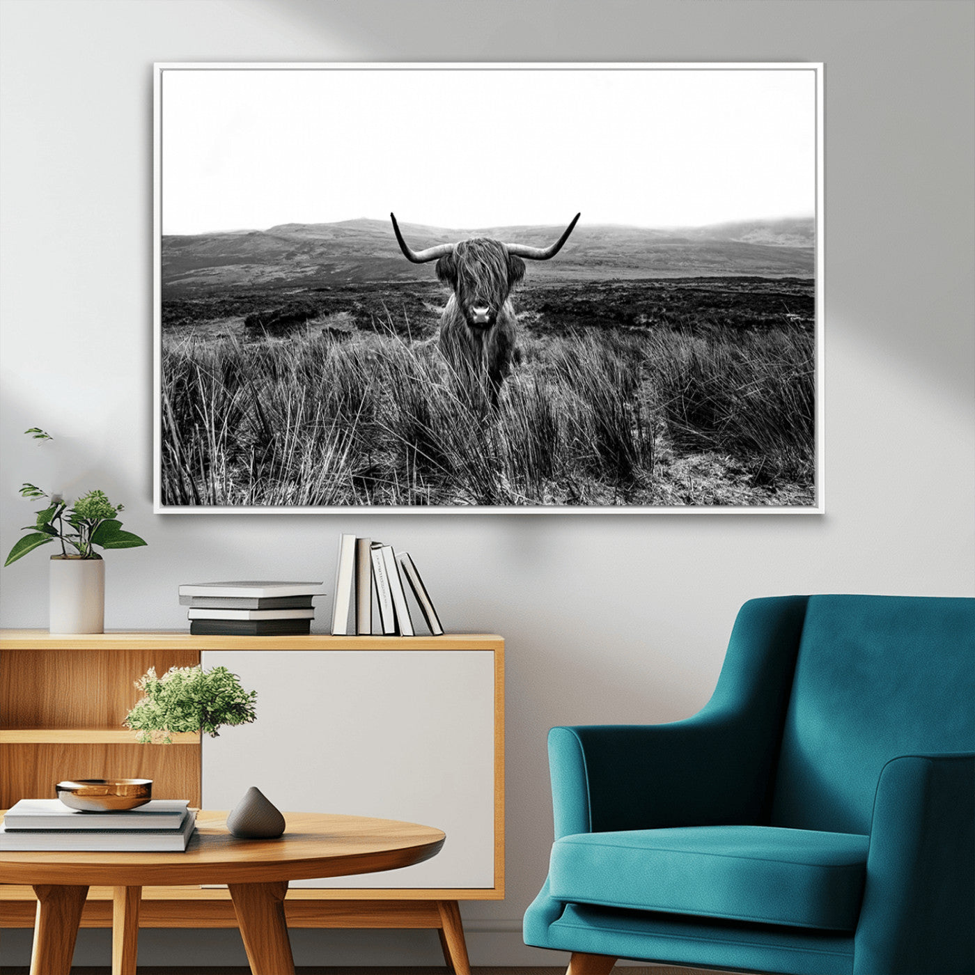 MGV-FC-36X24 - Black and White Highland Cow Canvas Wall Art, Longhorn Triptych Western Wall Decor for Cabin -