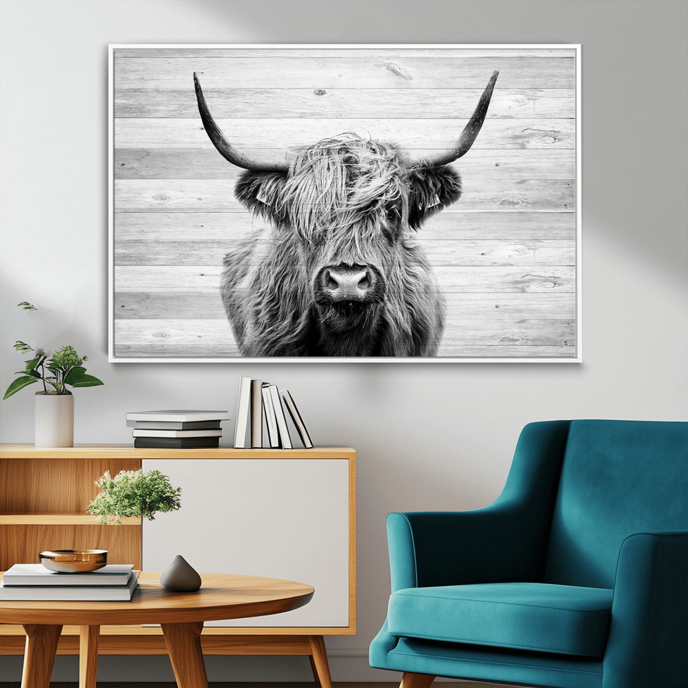 MGV-FC-36X24 - Scottish Highland Cow Cattle Art Print on Wood Background Style