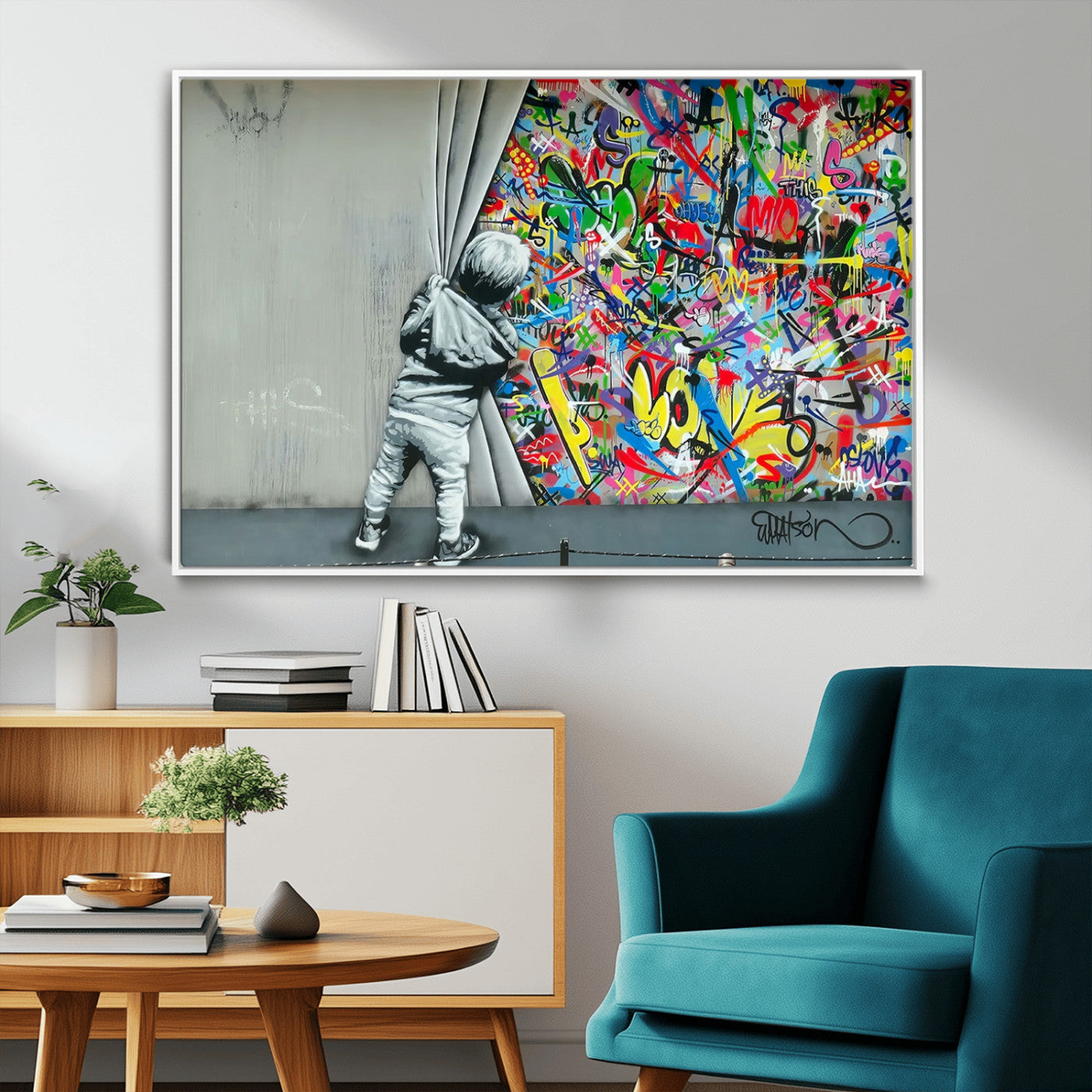 MGV-FC-36X24 - Banksy Colorful Street Graffiti Canvas Wall Art Print, Modern Art Triptych, Child and Graffiti Wall, Urban Art for Home or Office Decor