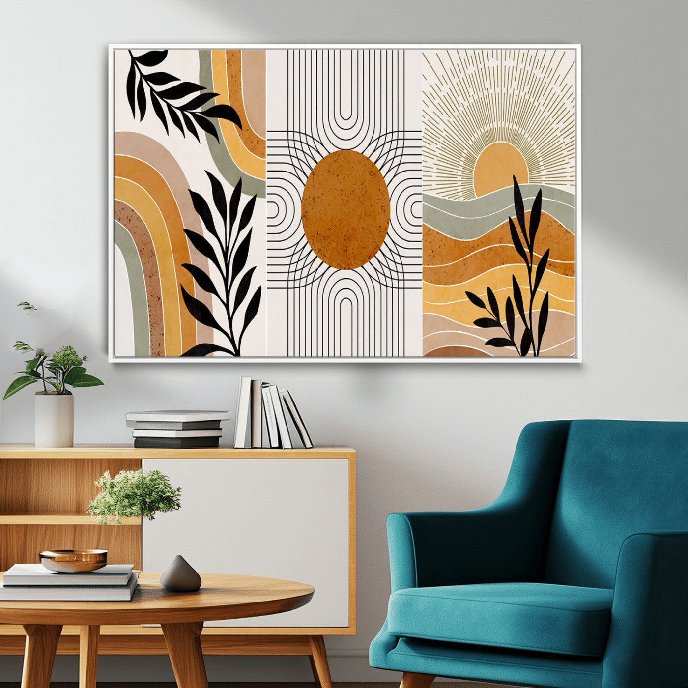 MGV-FC-36X24 - Modern Boho Sun and Leaf Abstract Art – 3-Panel Giclée Canvas for Mid-Century Modern or Bohemian
