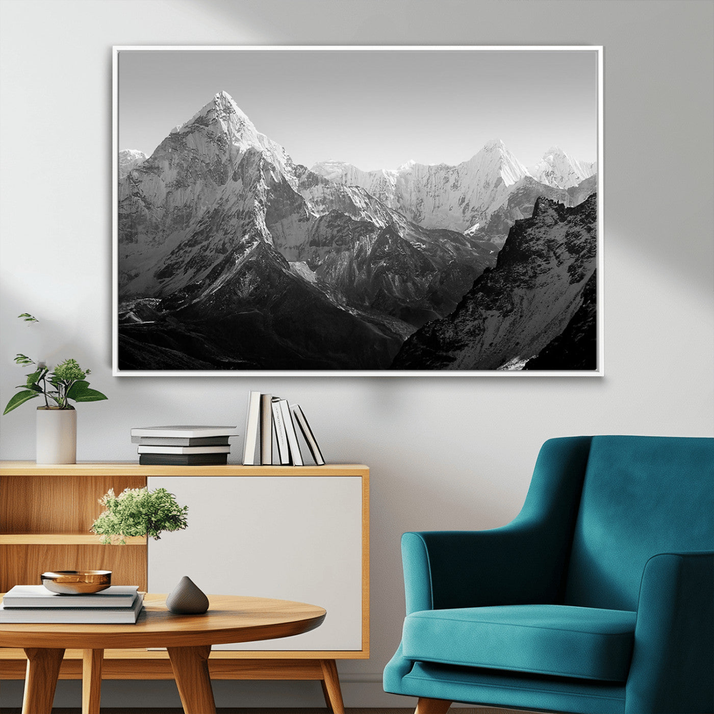 MGV-FC-36X24 - Everest Himalaya Mountain Peaks Black & White Triptych Canvas Art – Mountain Wall Decor for Minimalist Interiors