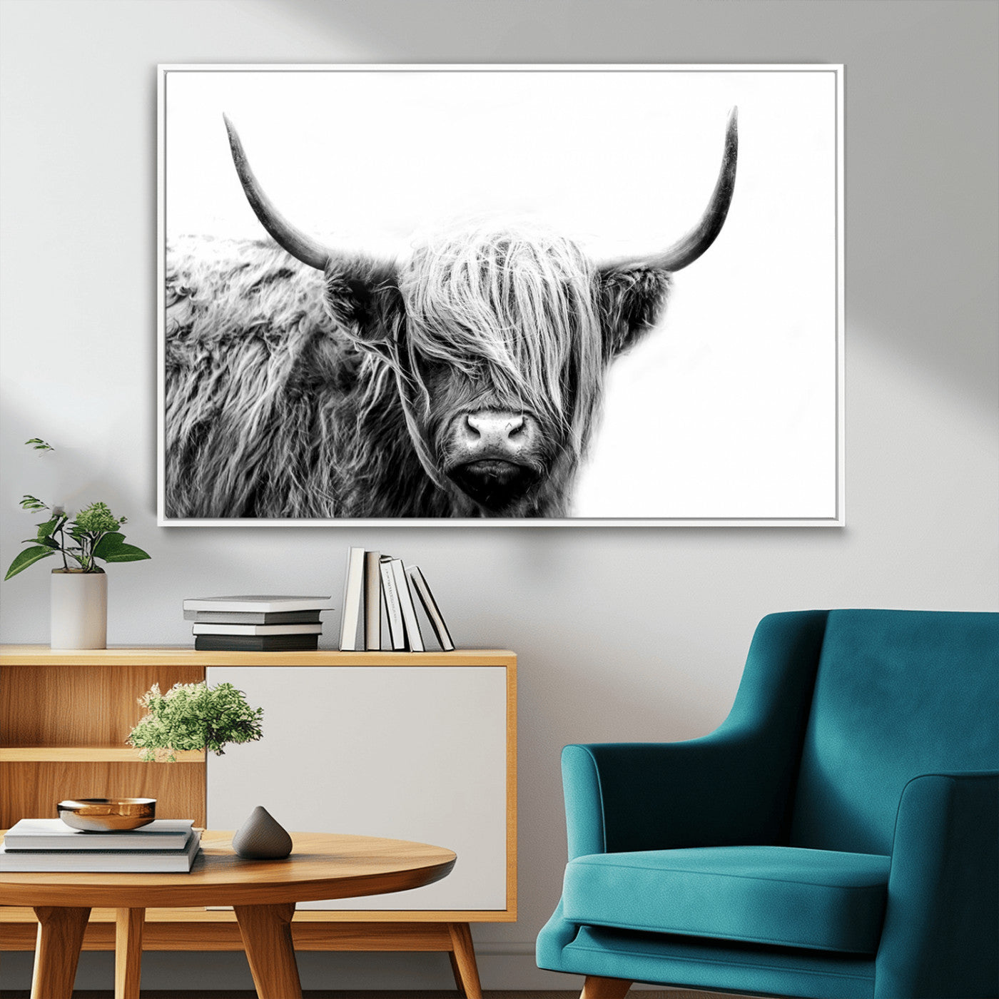 MGV-FC-36X24 - Black White Scottish Highland Cow Cattle Art Print Farmhouse Wall Art Canvas Print