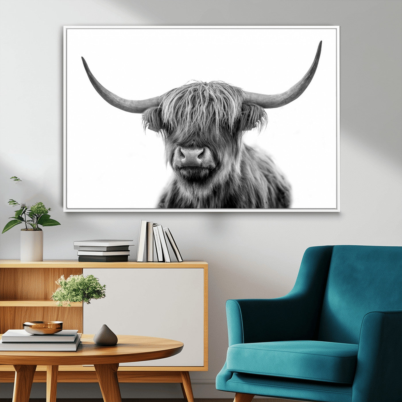 MGV-FC-36X24 - Grayscale Scottish Highland Cow Cattle Art Print Farmhouse Wall Art Canvas Print