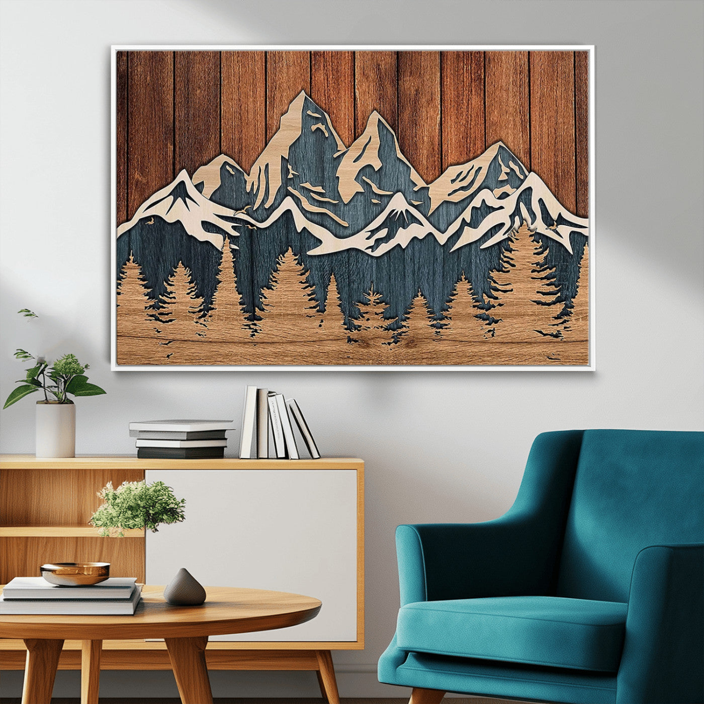 MGV-FC-36X24 - Rustic Wood Style Mountain Wall Art, Nature Forest Canvas Print, Wooden Textured Mountain Artwork, Handcrafted Landscape Decor for Farmhouse Decor