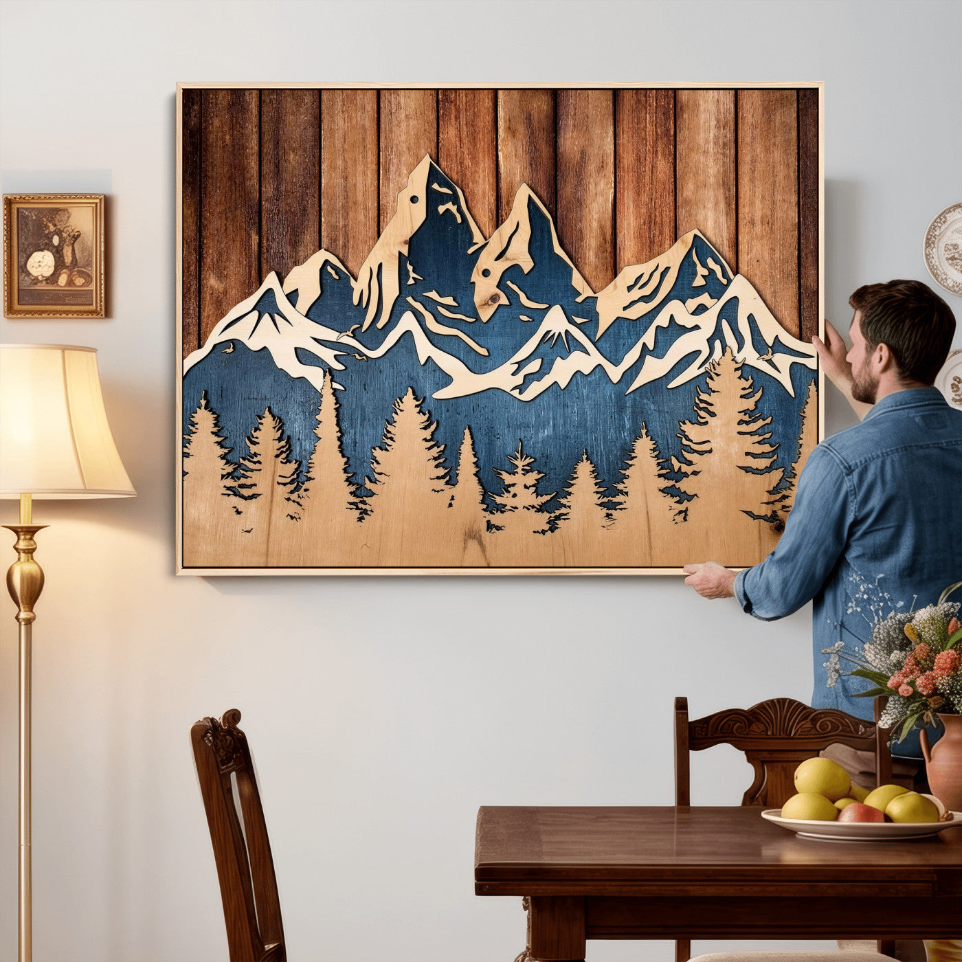 41330-MGV-CV-36X24 - Rustic Wood Style Mountain Wall Art, Nature Forest Canvas Print, Wooden Textured Mountain Artwork Print