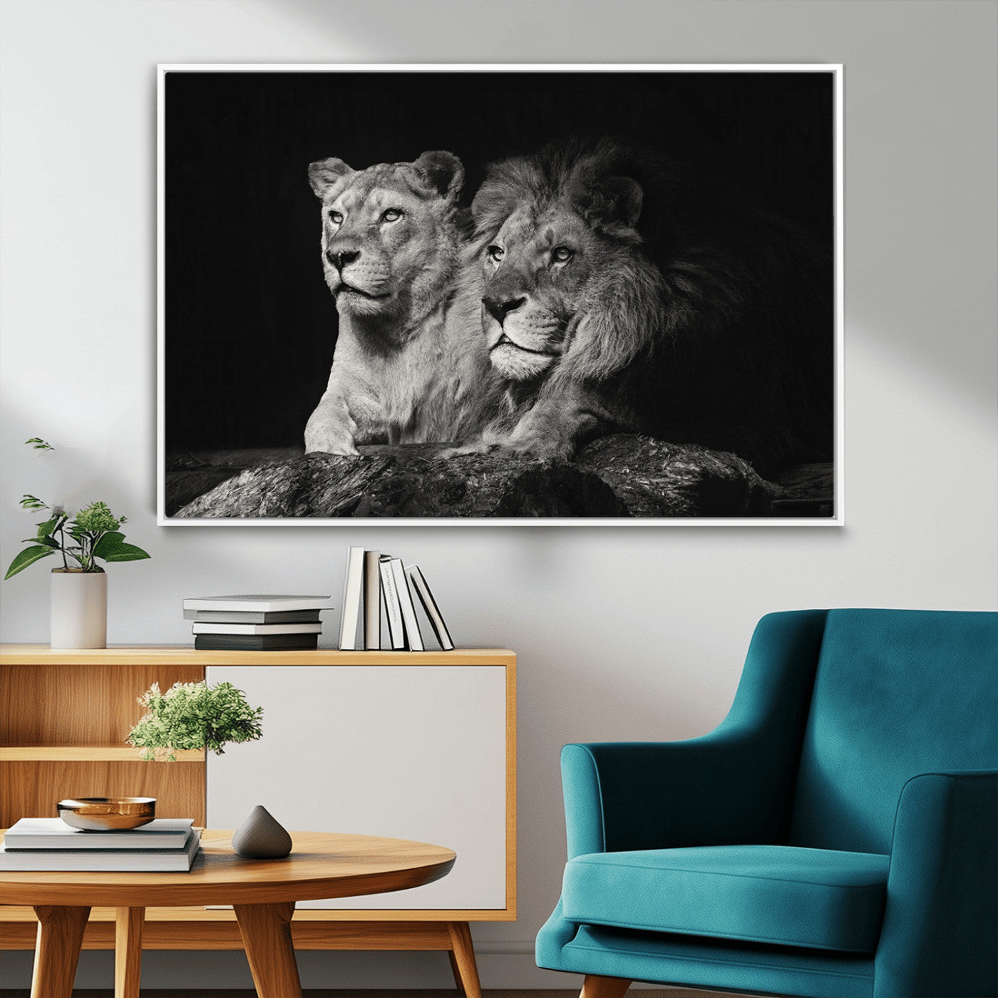 MGV-FC-36X24 - Lion Couple Canvas Wall Art Print – Elegant Wildlife Portrait in Black and White Lion Family – Ready to Hang