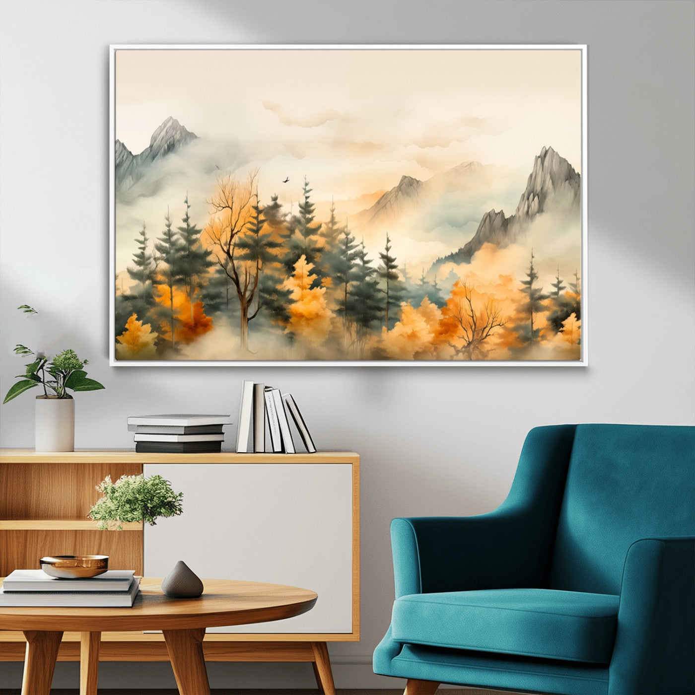 MGV-FC-36X24 - Abstract Watercolor Mountains and Trees Autumn Art, Watercolor Mountains and Trees Canvas Print