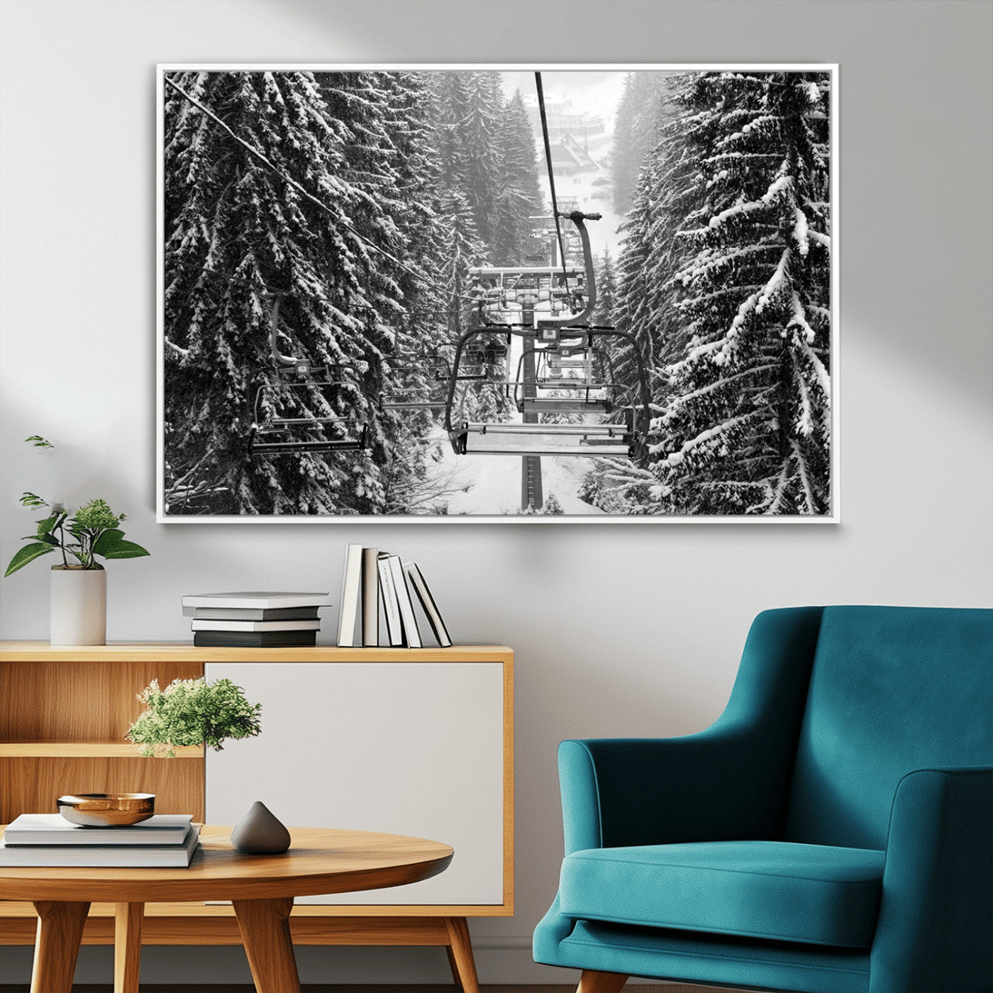 MGV-FC-36X24 - Winter Ski Lift Black and White Canvas Wall Art – Alpine Escape in Minimalist Style – Ready to Hang