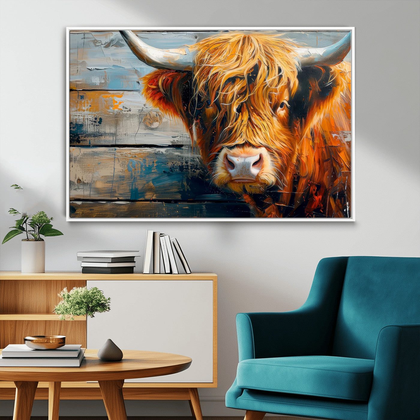 92312-MGV-FC-36X24_White-Highland Cow Abstract Canvas Wall Art – Bold Farmhouse Rustic Decor – Ready to Hang
