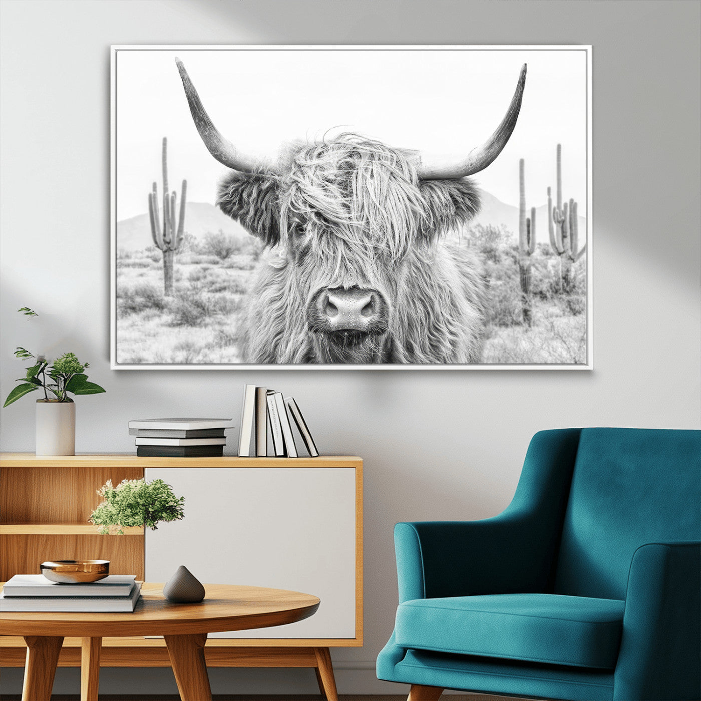 -Rustic Charm | Cow Longhorn Black White Bighorn Wall Art Canvas Print | Farmhouse Wall Art