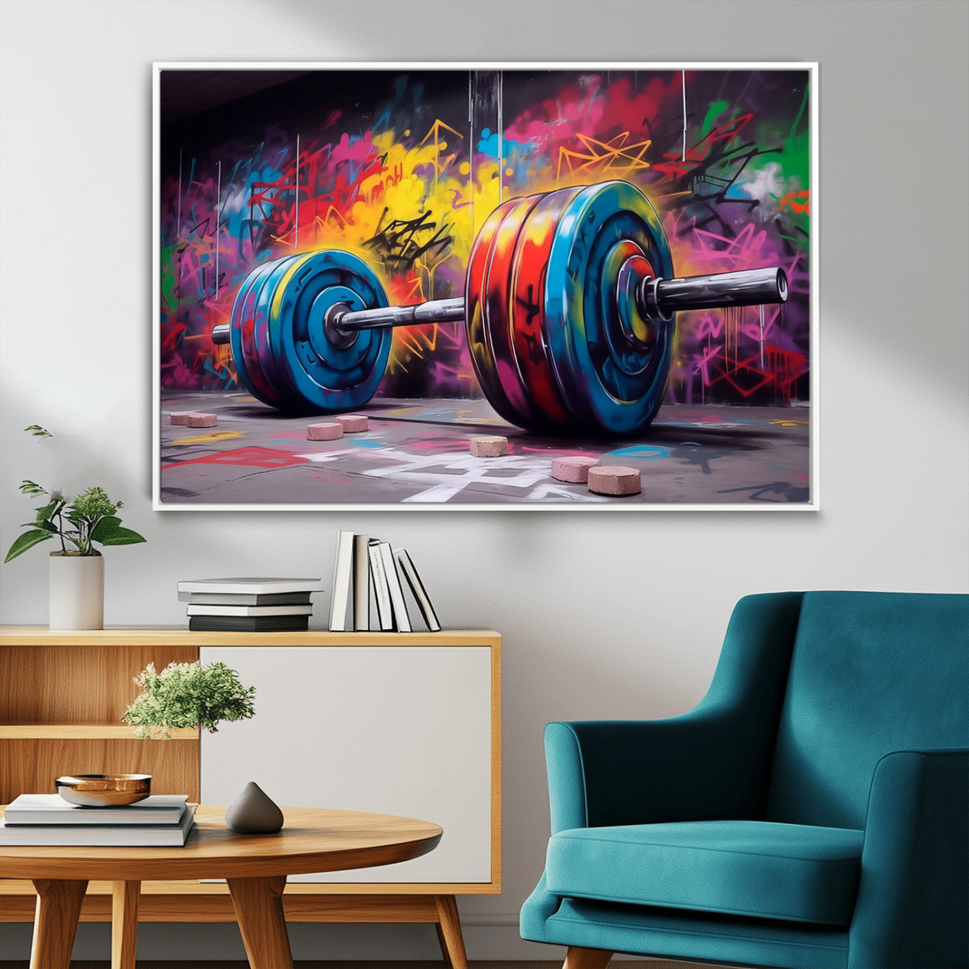 MGV-FC-36X24 - Abstract Graffiti Barbell Canvas Wall Art – Urban Fitness Meets Bold Street Art Print - Gym Wall Art Print