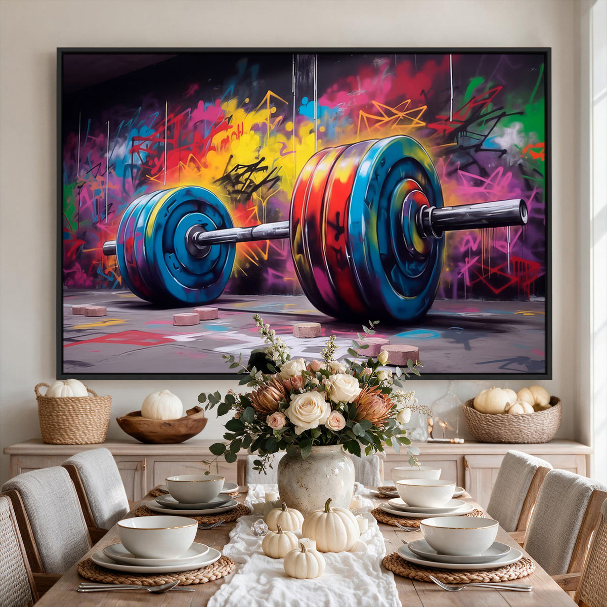 13549-MGV-CV-36X24 - Abstract Graffiti Barbell Canvas Wall Art | Urban Fitness Meets Bold Street Art