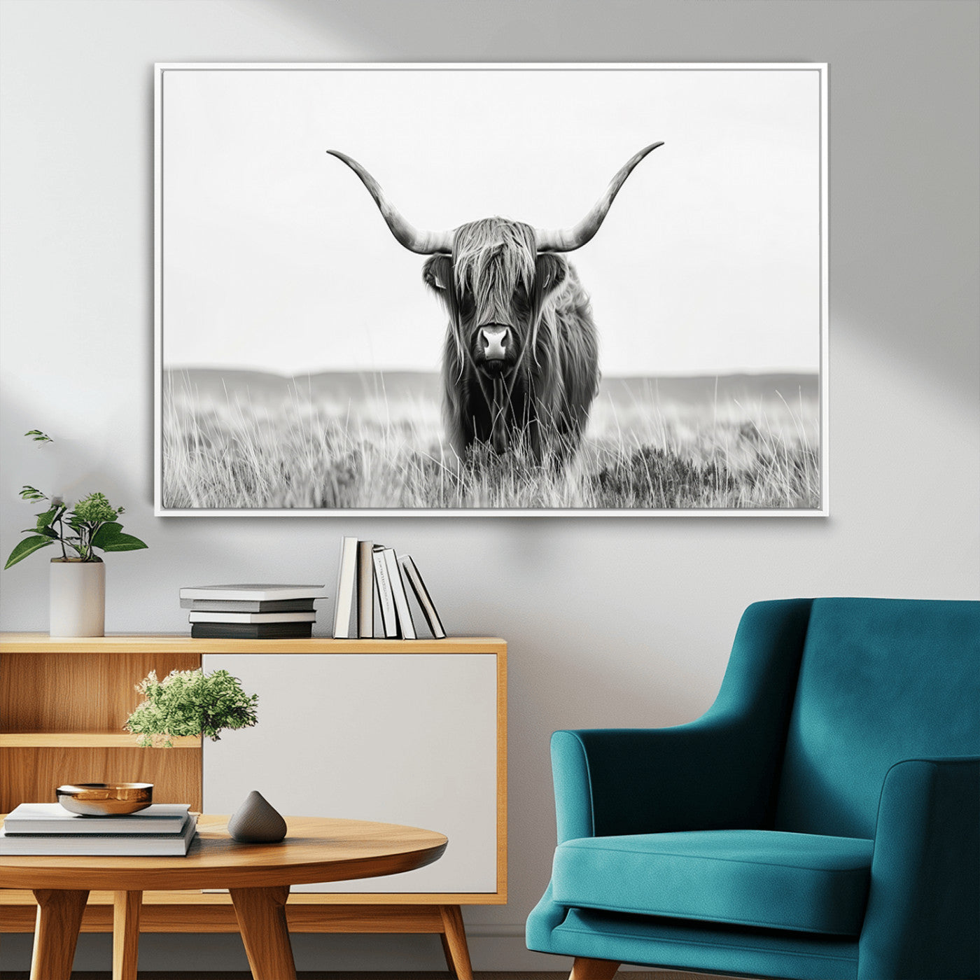 MGV-FC-36X24 - Highland Cow Canvas Wall Art – Majestic Beauty in Black and White – Ready to Hang