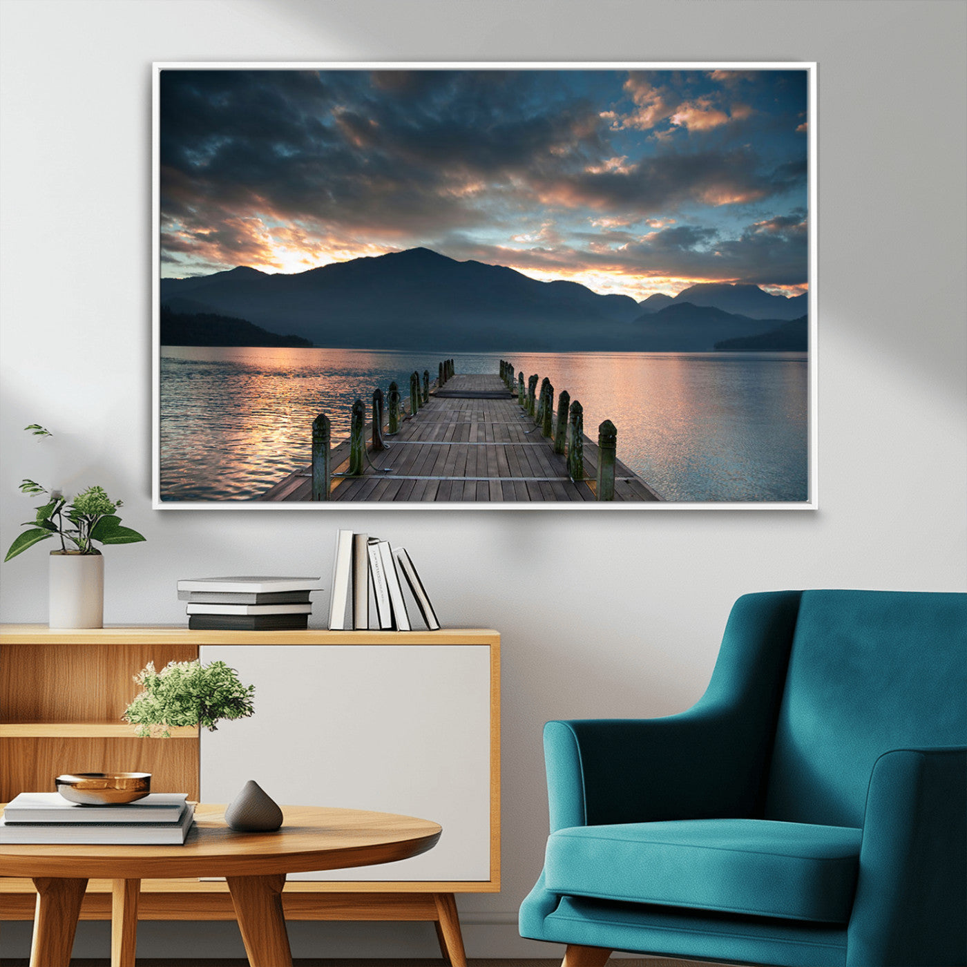 MGV-FC-36X24 - Mountain Lake Wood Pier Canvas Wall Art Nature Lake Print