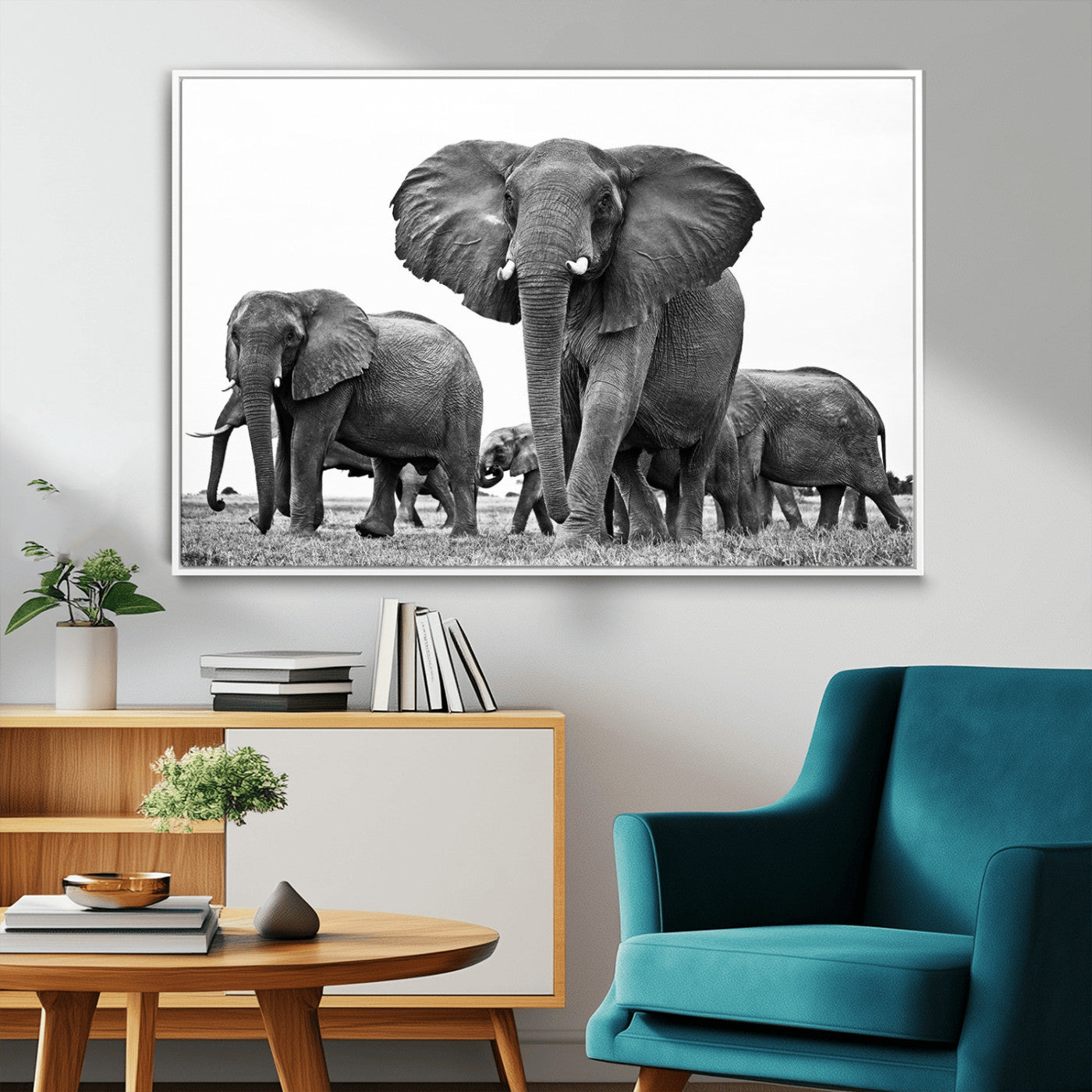 MGV-FC-36X24 - Black White Elephant Family Wall Art Canvas Print