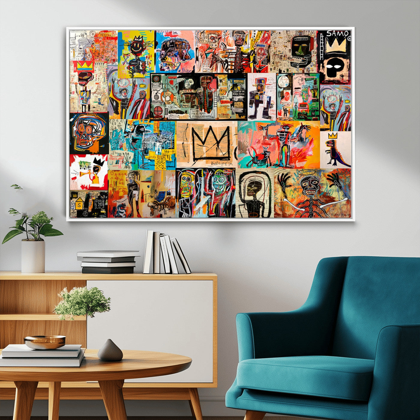 MGV-FC-36X24 - Basquiat Art Collage Wall Art Canvas Print – Framed, Ready to Hang, Urban Graffiti Style