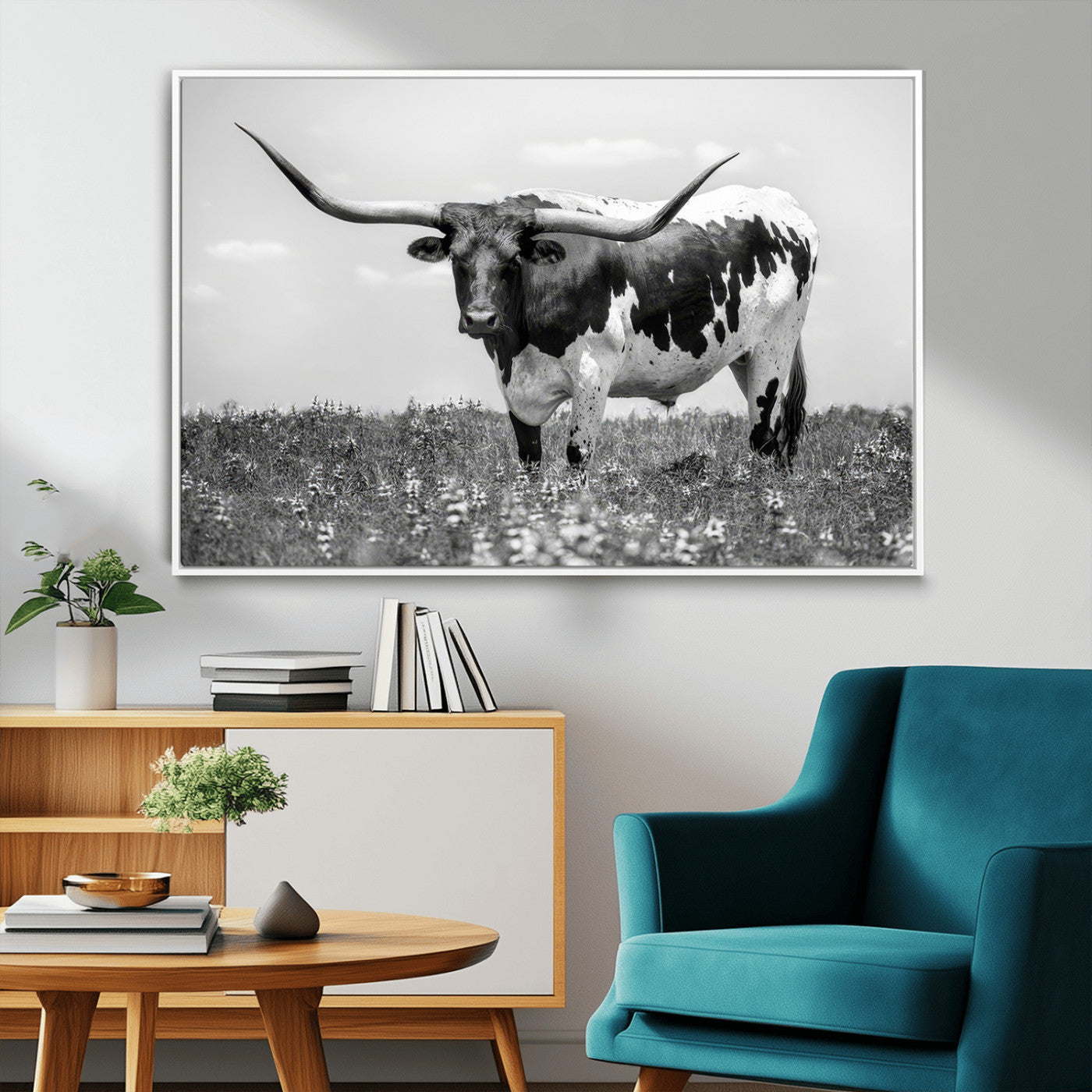 94709-MGV-FC-36X24_White-Texas Black White Highland Longhorn Cow Wall Art Canvas Print
