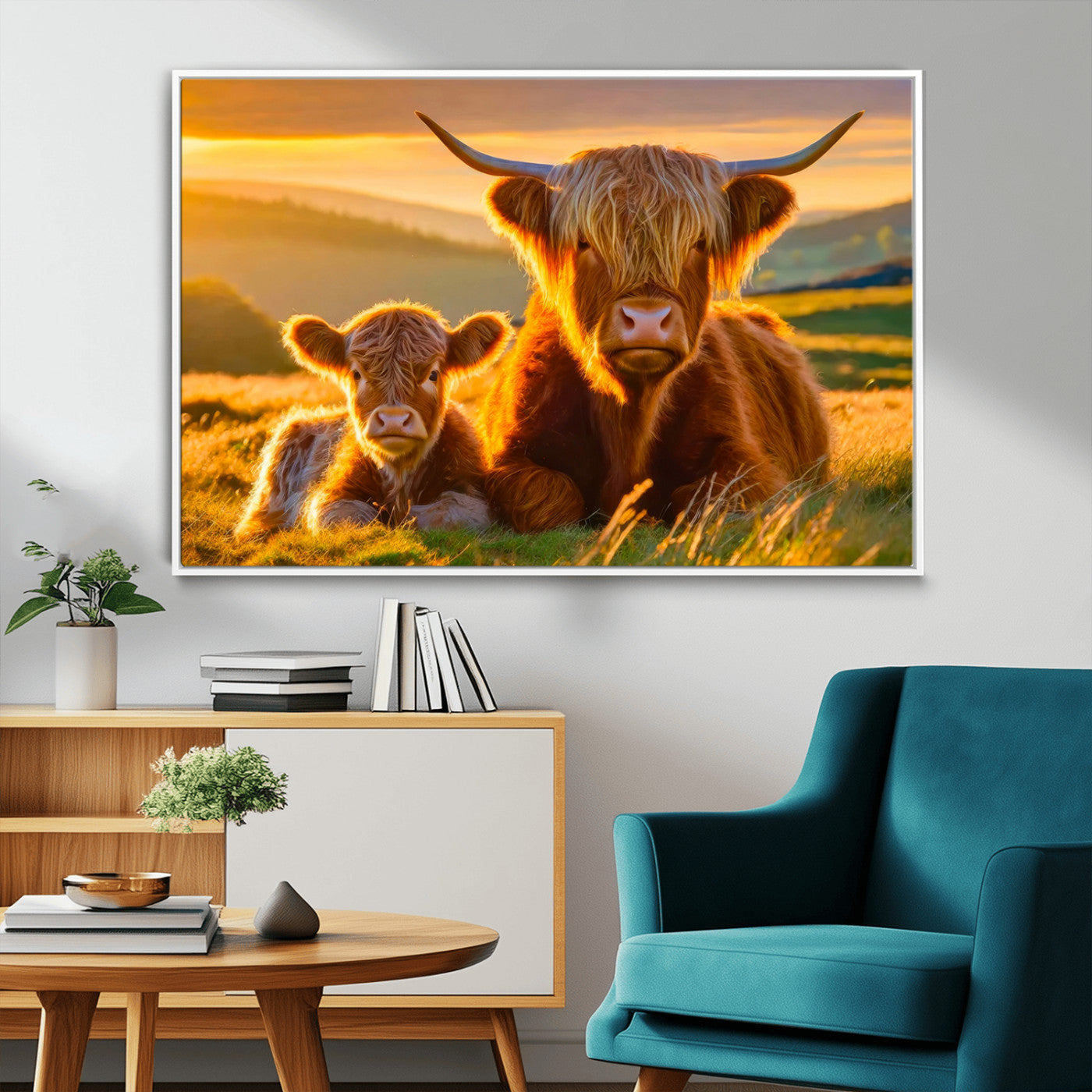 20567-MGV-FC-36X24_White-Scottish Cow and Baby Cow Canvas Wall Art Animal Print Fluffy Cattle Framed Farmhouse Decor