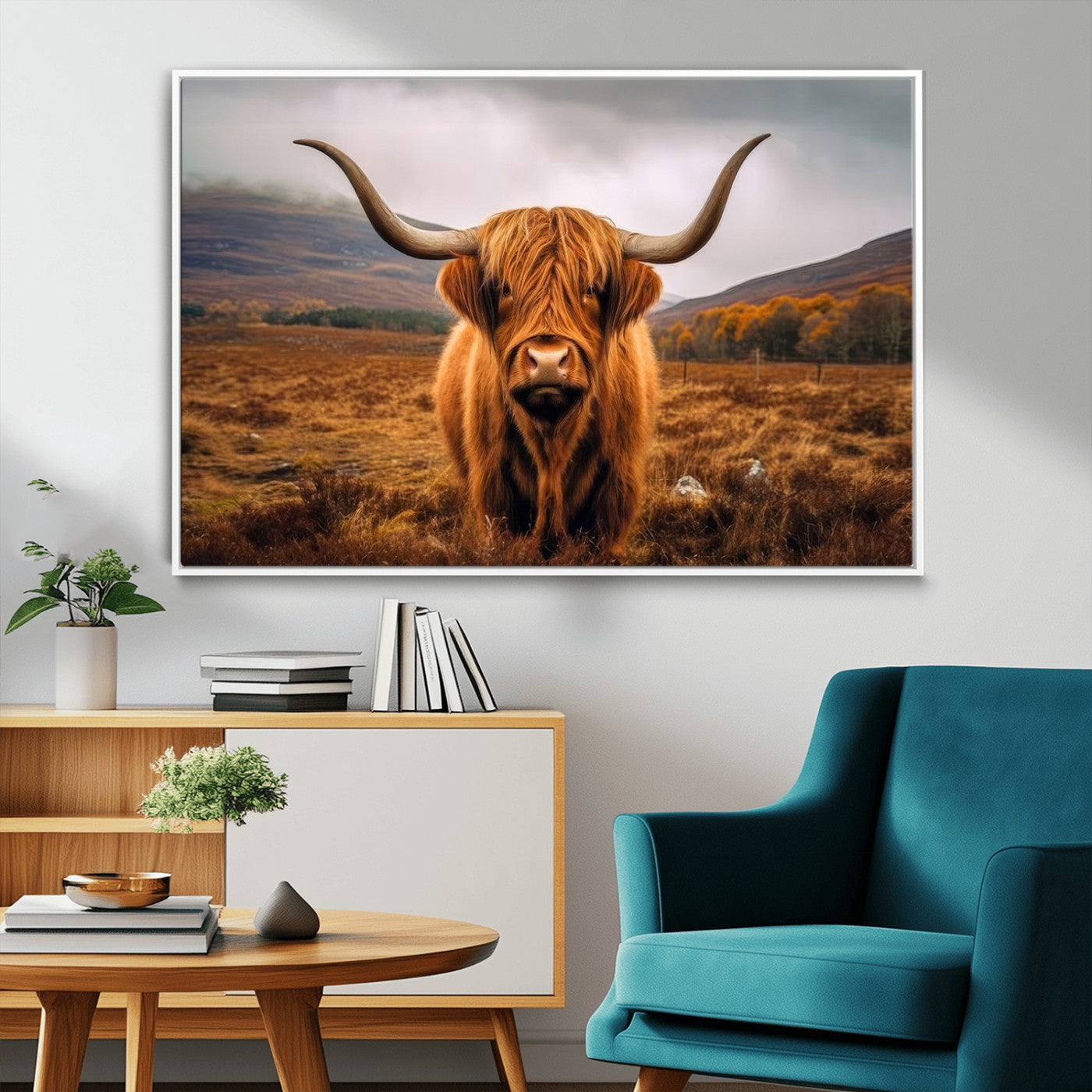 -Highland Cow Longhorn Wall Art – Rustic Canvas Print, Framed and Ready to Hang for Farmhouse Décor