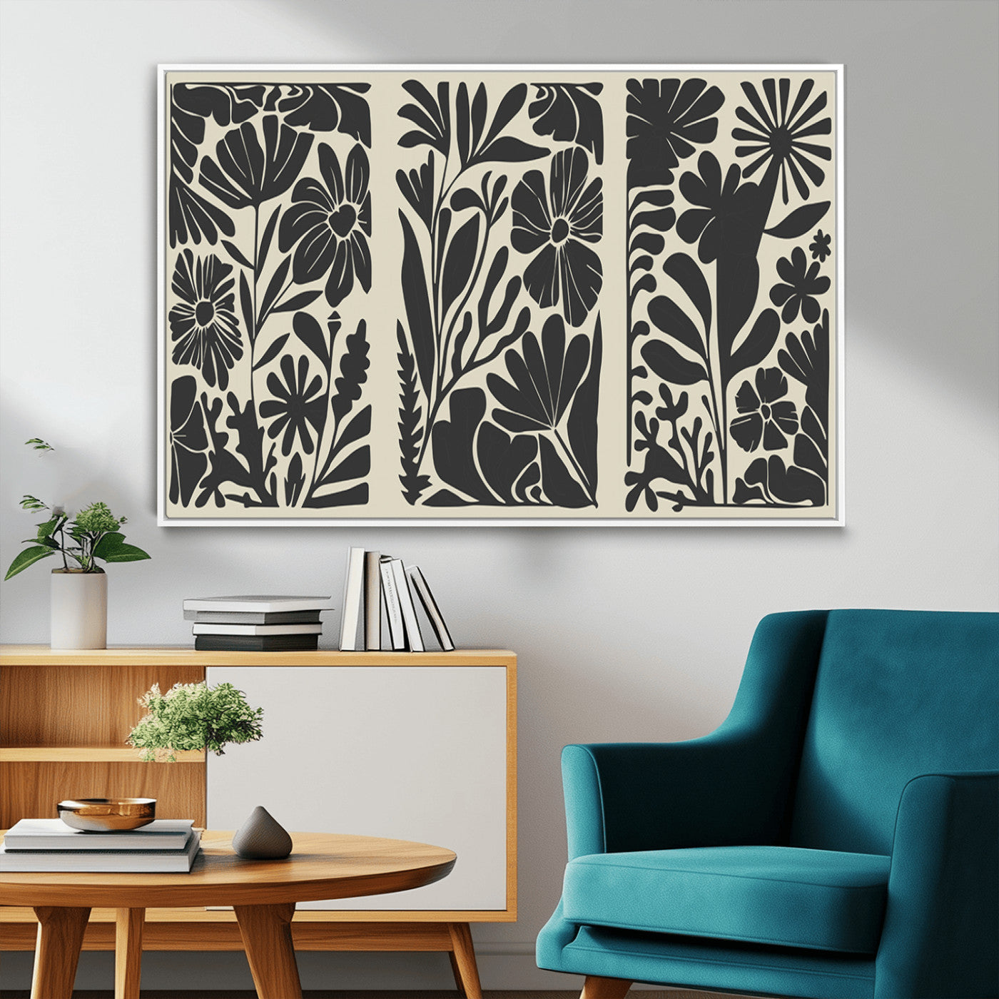 MGV-FC-36X24 - Modern Botanical Wall Art - Floral Black and White Canvas Print, Framed, Ready to Hang