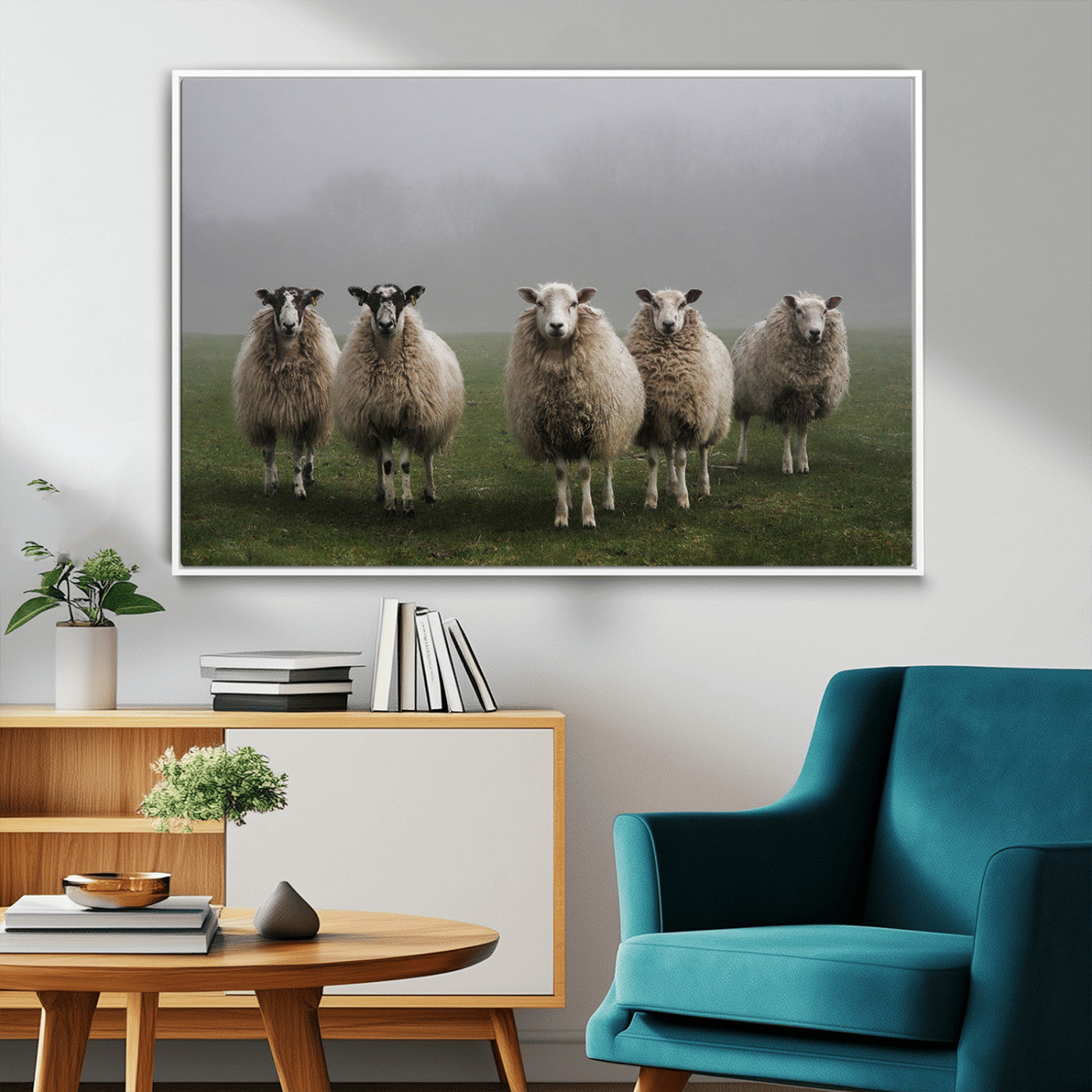 87339-MGV-FC-36X24_White-Flock of Sheep in a Mystical Fog – Pastoral Wall Art Canvas Print, Framed, Ready to Hang