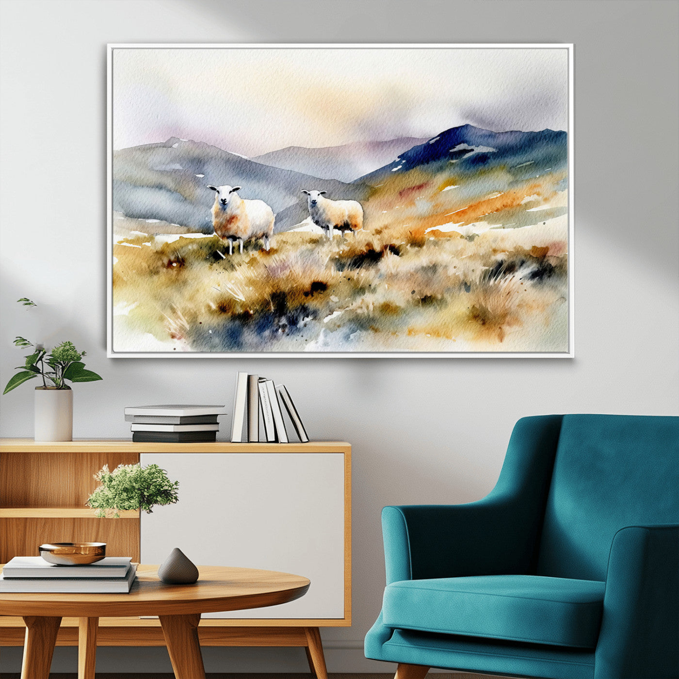 58145-MGV-FC-36X24_White-Watercolor Sheep for Farmhouse Decor Wall Art Canvas Print, Mountain Wall Art Print