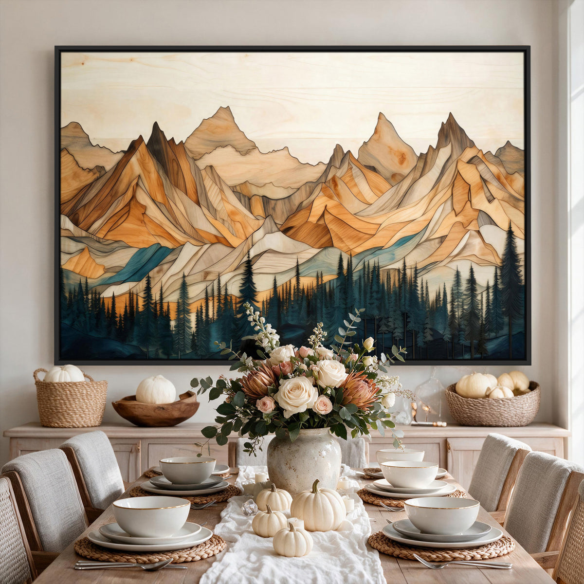 31576-MGV-CV-36X24 - Geometric Wood Mountain Landscape Wall Art Canvas Print, Rustic Forest Painting Print