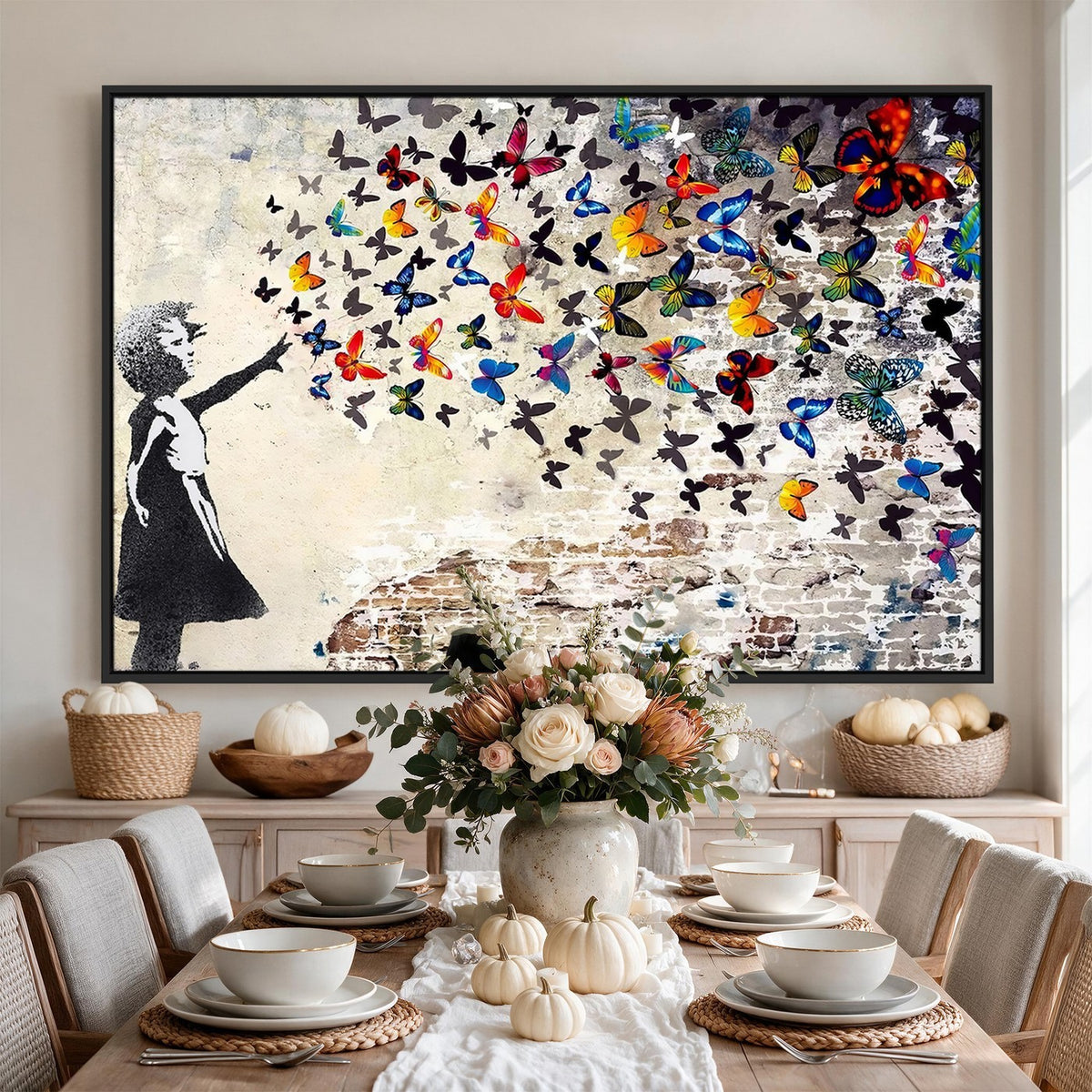 97895-MGV-CV-24X16 - Banksy Graffiti Wall Art Canvas Print, Girl Releasing Vibrant Butterflies