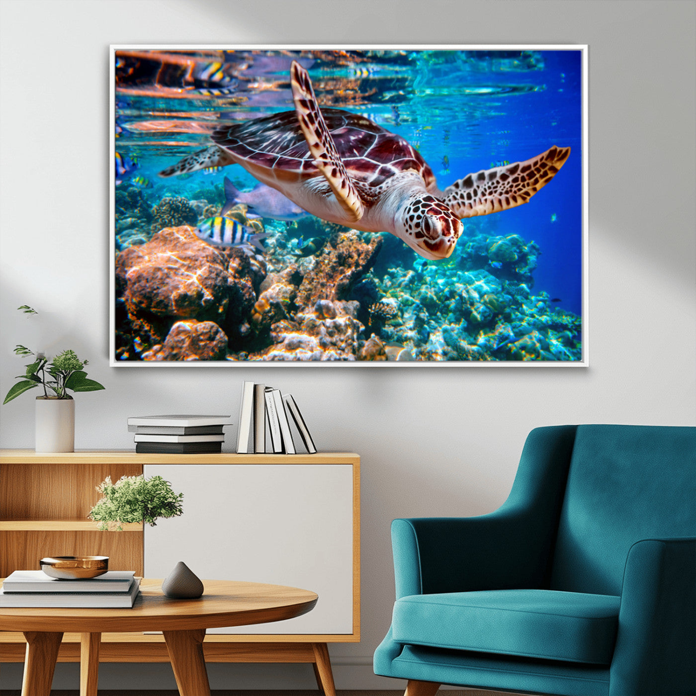 MGV-FC-36X24 - Underwater Coral Reef Sea Turtle Wall Art Canvas Print, Vibrant Marine Life | Colorful Ocean Scene