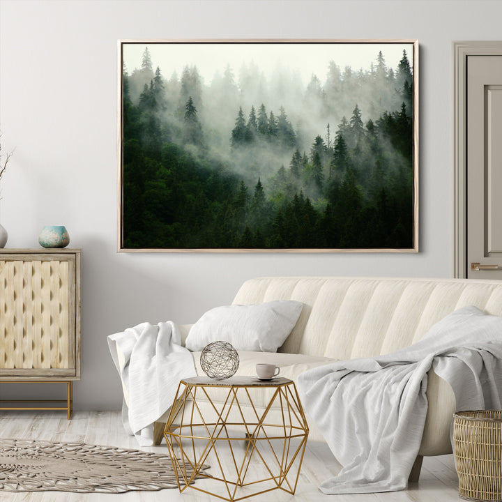 Misty Forest Mountain Wall Art | Large 3-Panel Foggy Landscape Canvas Print | Misty Forest Canvas Art | Nature Wall Art for Home | Mountain Fog Print