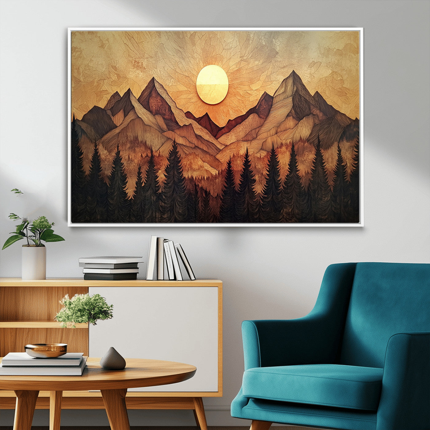 MGV-FC-36X24 - Wood Style Abstract Mountain Sunset Canvas Wall Art Print - Warm Earth Nature-Inspired Decor for