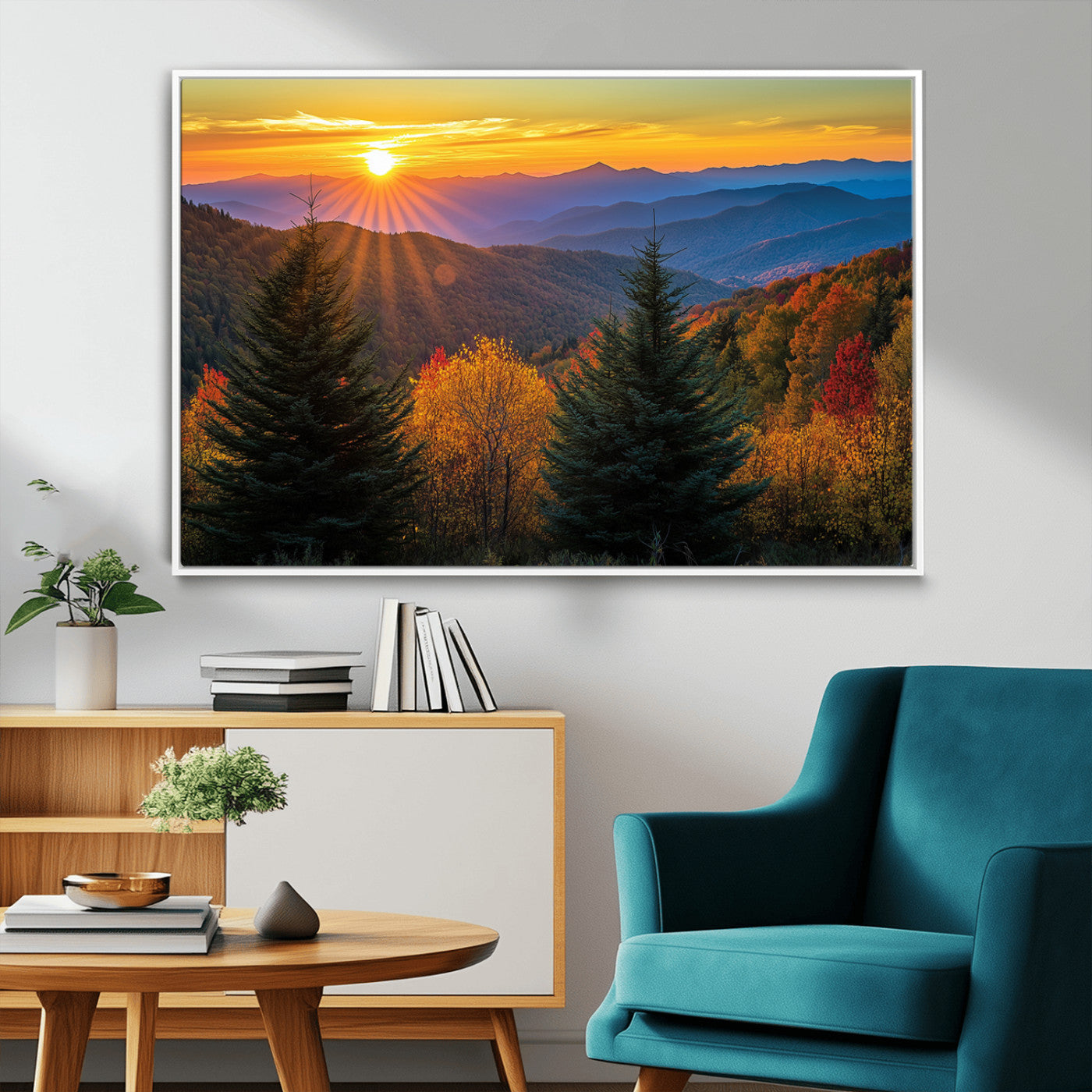 MGV-FC-36X24 - Golden Sunset Over Mountain Forest Canvas Wall Art Print - Warm Nature-Inspired Landscape for Living