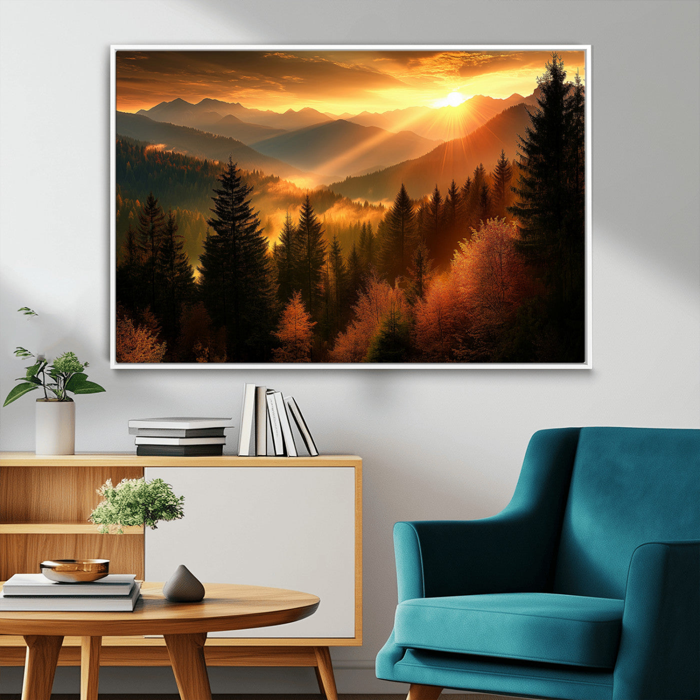 MGV-FC-36X24 - Golden Sunset Over Mountain Forest Canvas Wall Art Print - Warm Nature Landscape Print