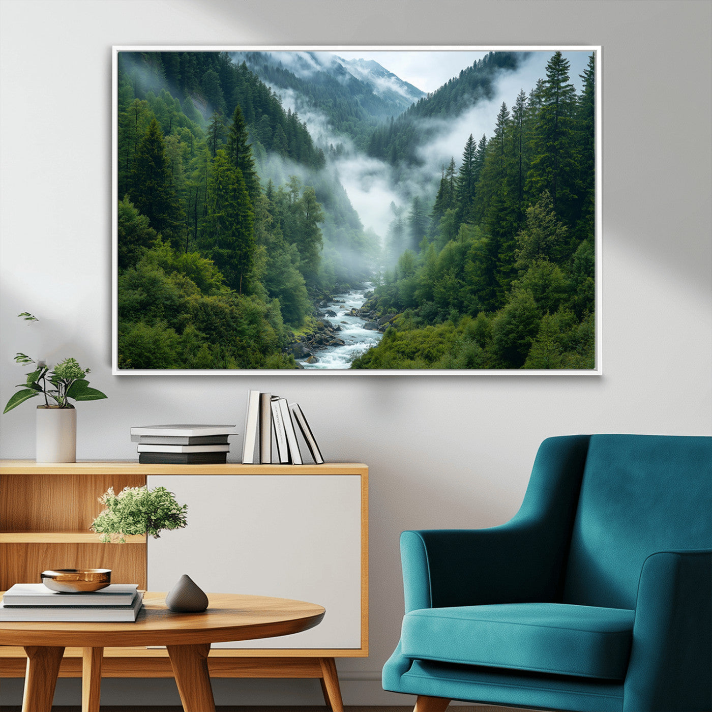 MGV-FC-36X24 - Mountain Forest River Canvas Wall Art Print - Serene Nature Landscape for Living Room, Office, or