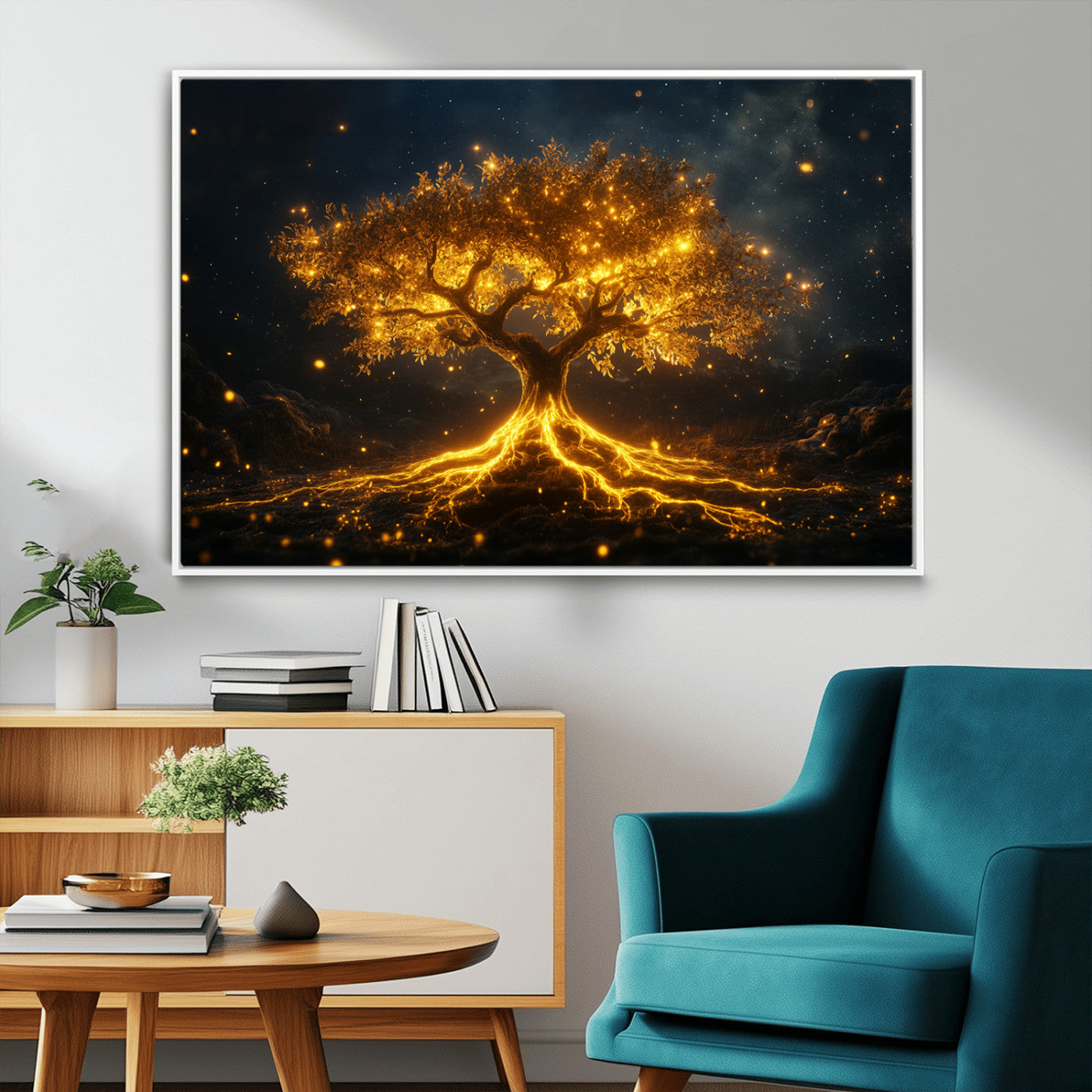 MGV-FC-36X24 - Golden Tree of Life Canvas Wall Art Print - Majestic Glowing Tree Design for Living Room, Office, or