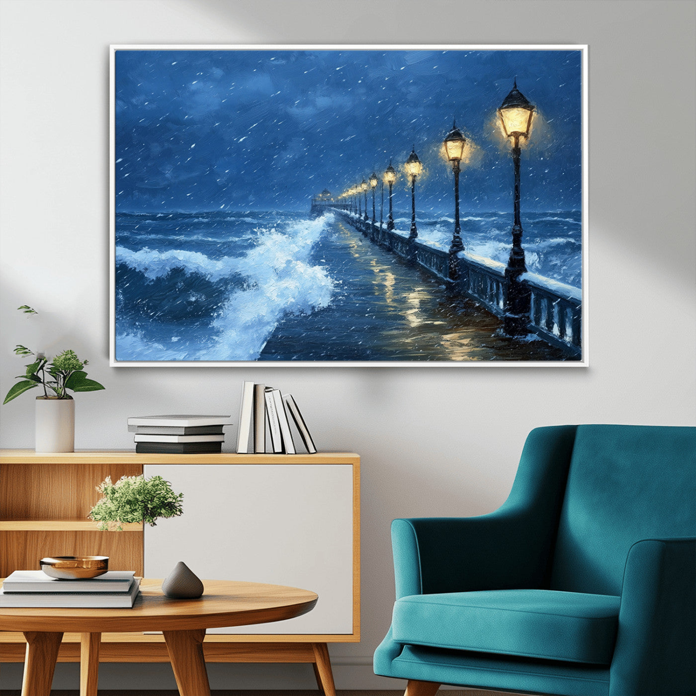 MGV-FC-36X24 - Stormy Ocean Pier Lights Canvas Wall Art Print - Large Moody Night Scene for Living Room, or Office,
