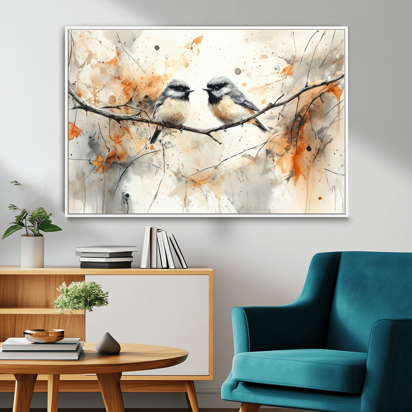 MGV-FC-36X24 - Abstract Watercolor Chickadee Bird Canvas Wall Art Print - Large Bird and Branch Wall Art, Modern