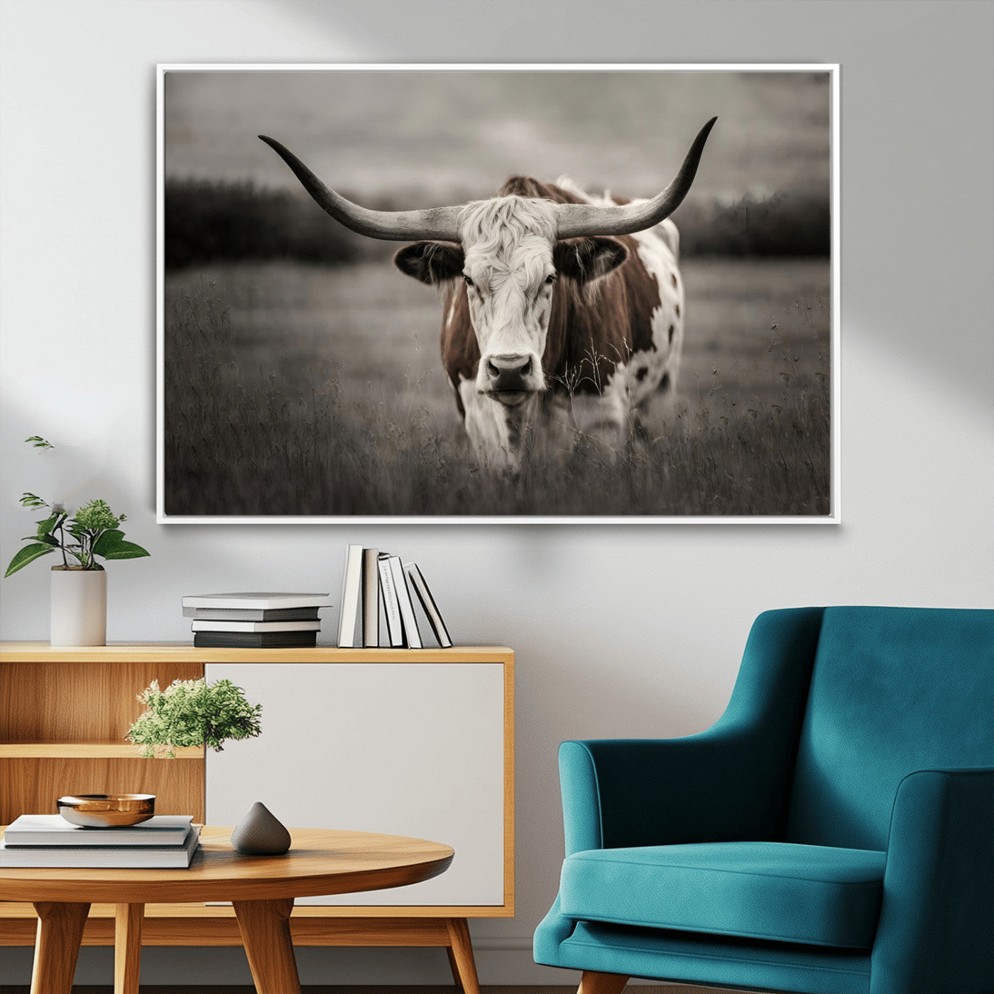 MGV-FC-36X24 - Texas Longhorn Cow Canvas Wall Art Print - Large Rustic Longhorn Art for Living Room, Western Wall