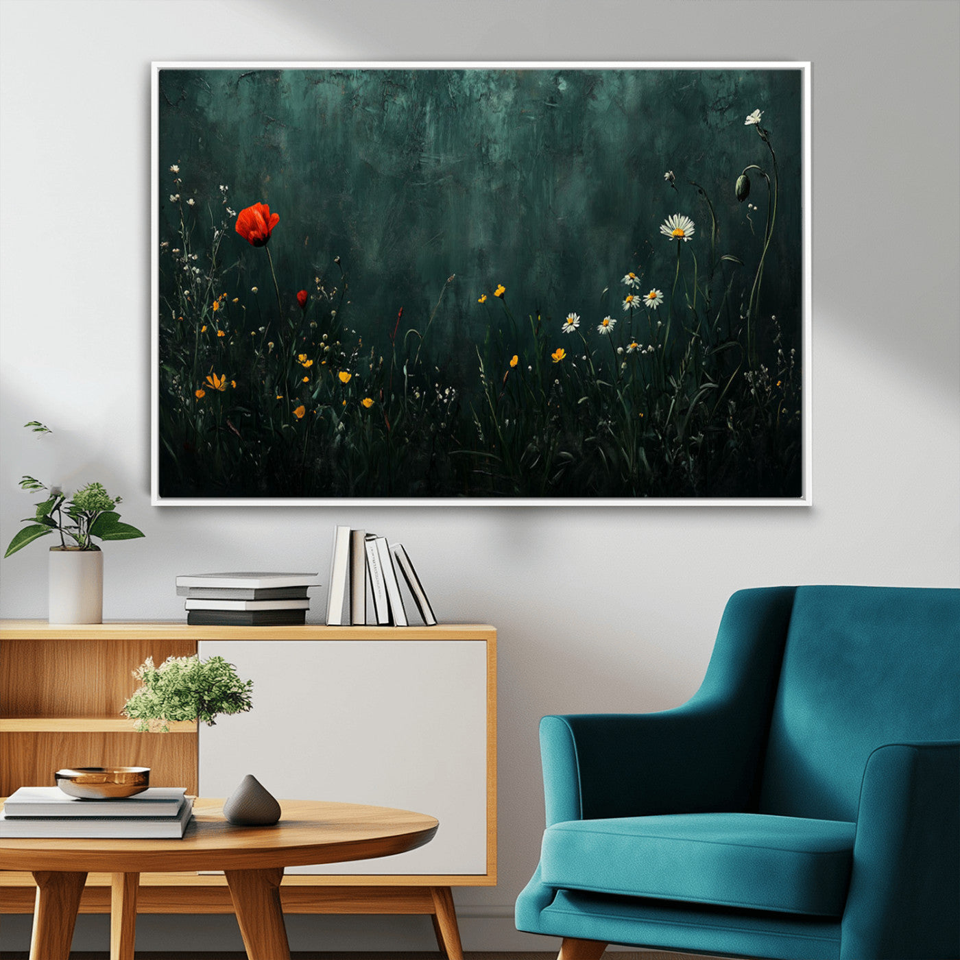 MGV-FC-36X24 - Wildflower Field Framed Wall Art, Vintage Botanical Landscape Sign, Botanical Wall Art, Modern