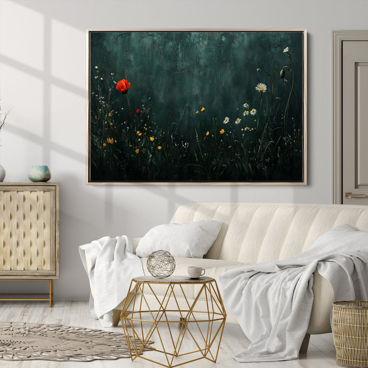 Wildflower Field Framed Wall Art, Vintage Botanical Landscape Sign, Botanical Wall Art, Modern Farmhouse Canvas Art, Field Of Flowers Canvas Print