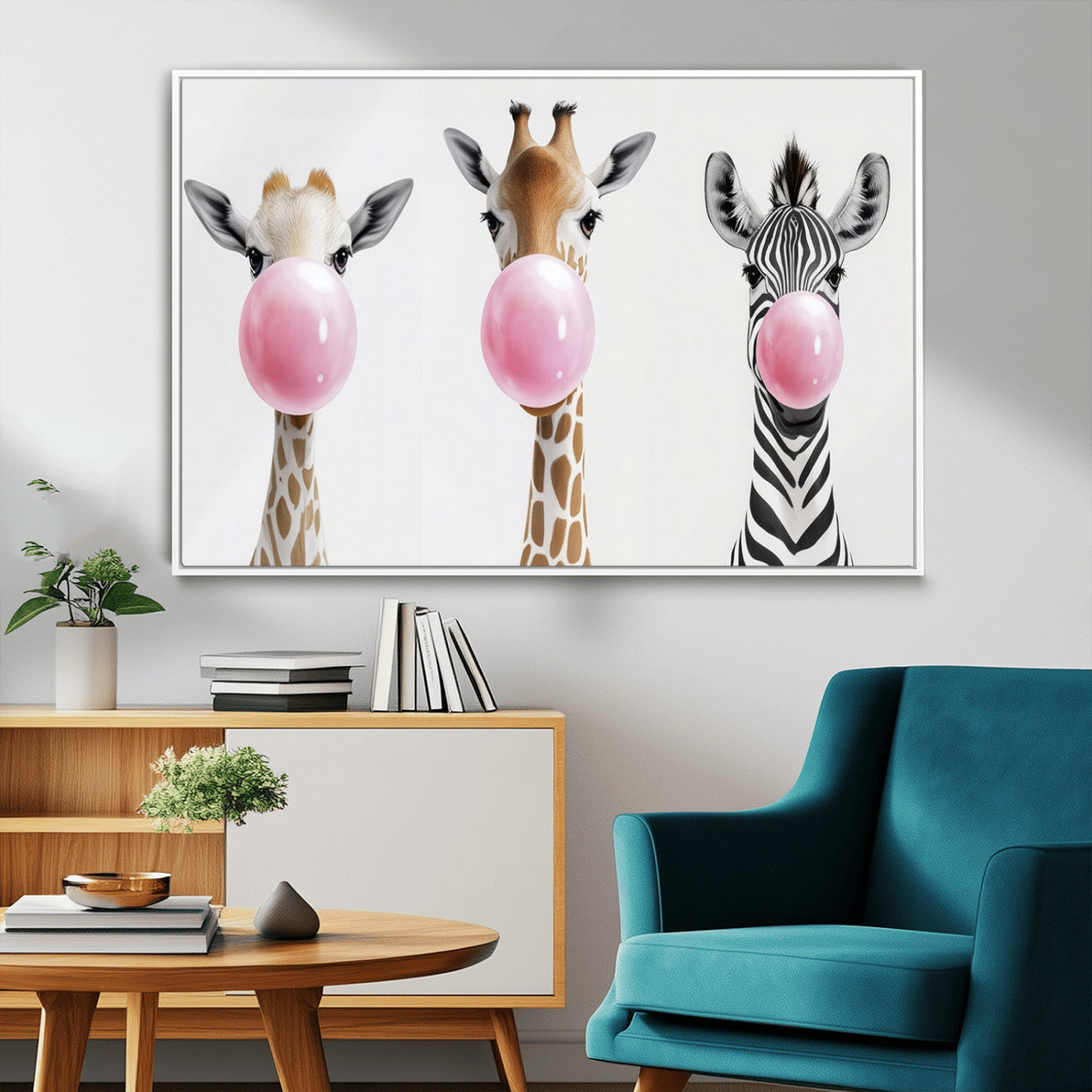 MGV-FC-36X24 - Bubblegum Animals Canvas Wall Art - Playful Giraffe and Zebra Trio, Fun Nursery Decor for Kids'