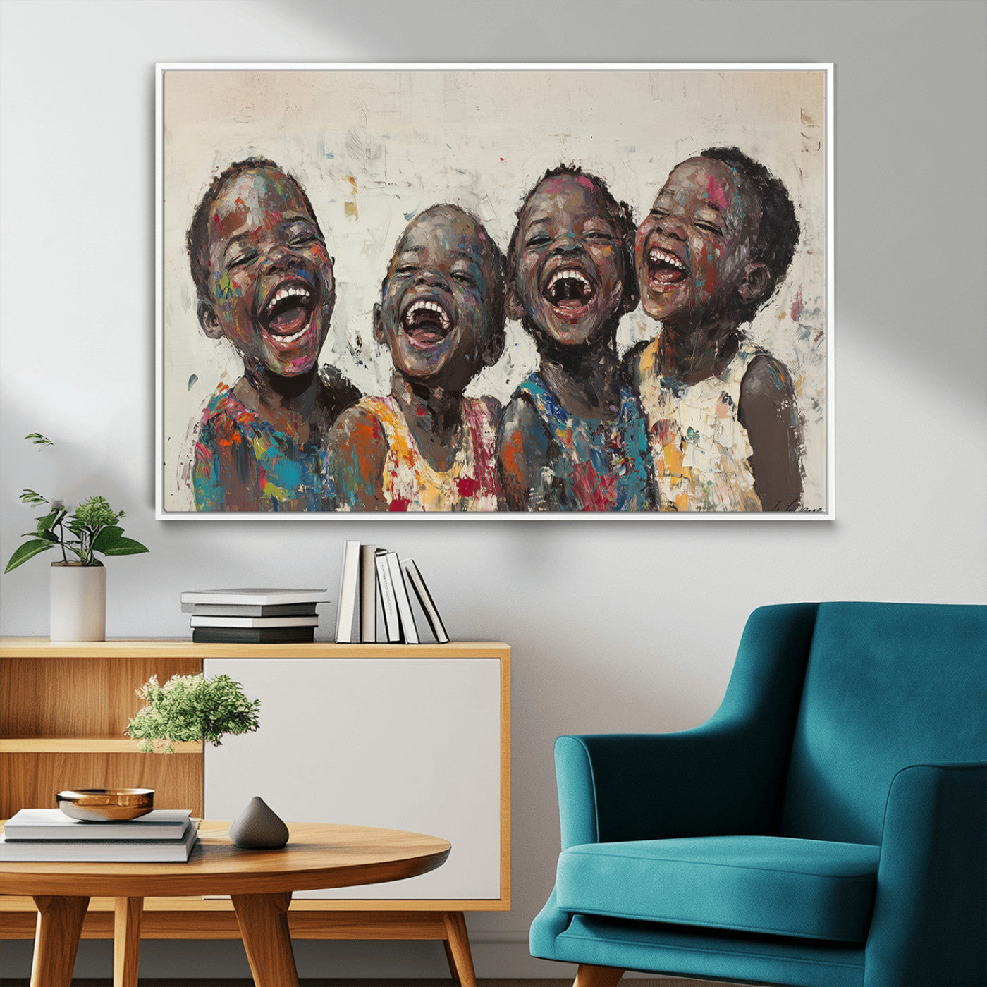 85256-MGV-FC-36X24_White-Shai Yossef Print - Joyful Childhood Canvas Wall Art - Expressive Impasto Painting of Laughing