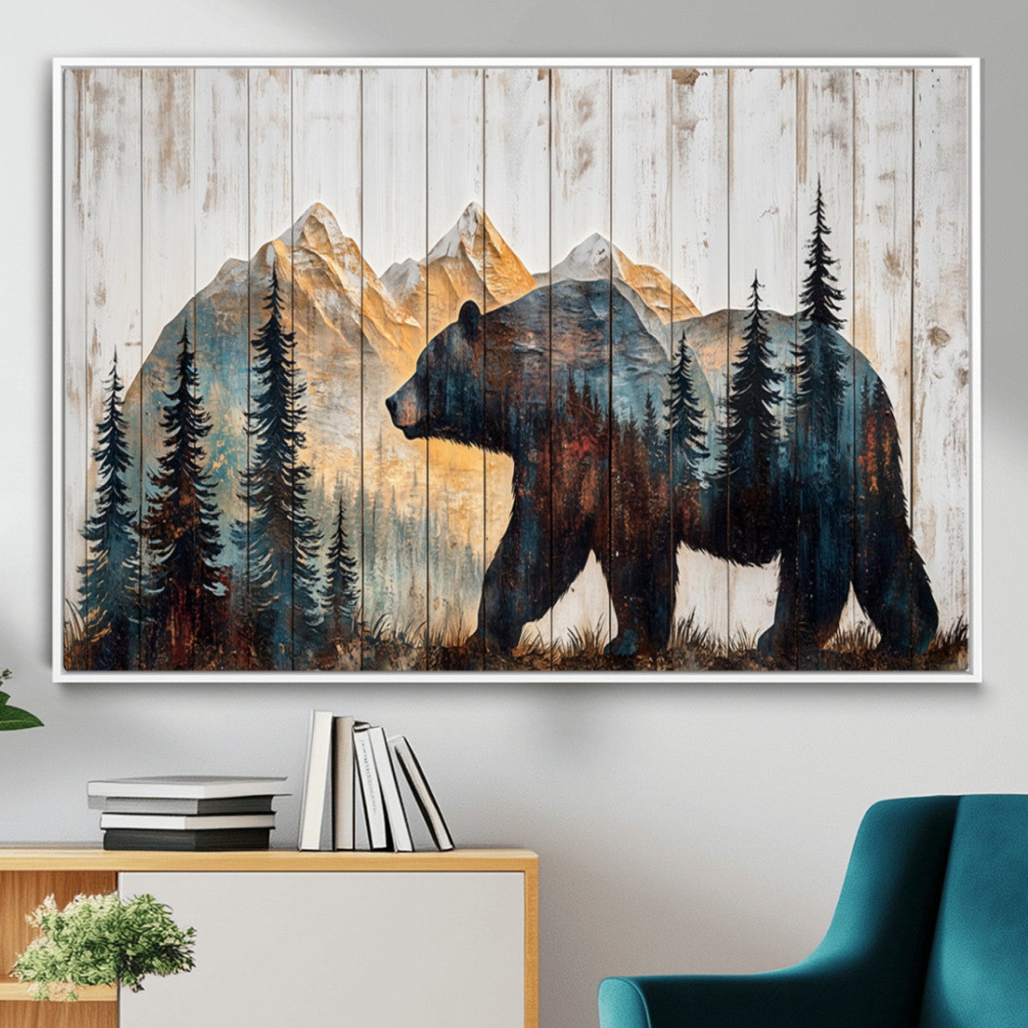 90077-MGV-FC-36X24_White-Rustic Bear Wall Art - Grizzly 399 Bear Wall Art - Mountain Wood Canvas Wall Art - Nature Theme
