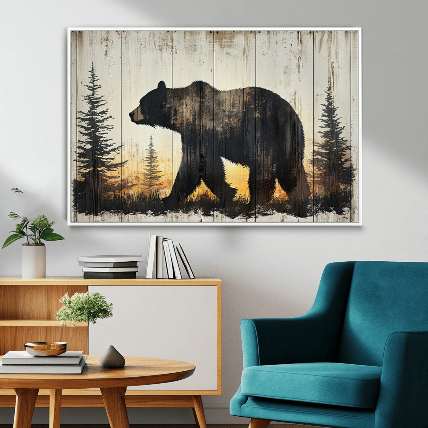 83875-MGV-FC-36X24_White-Vintage Bear Wall Art Canvas Print for Farmhouse - Mountain Wood Canvas Wall Art - Forest Silhouette