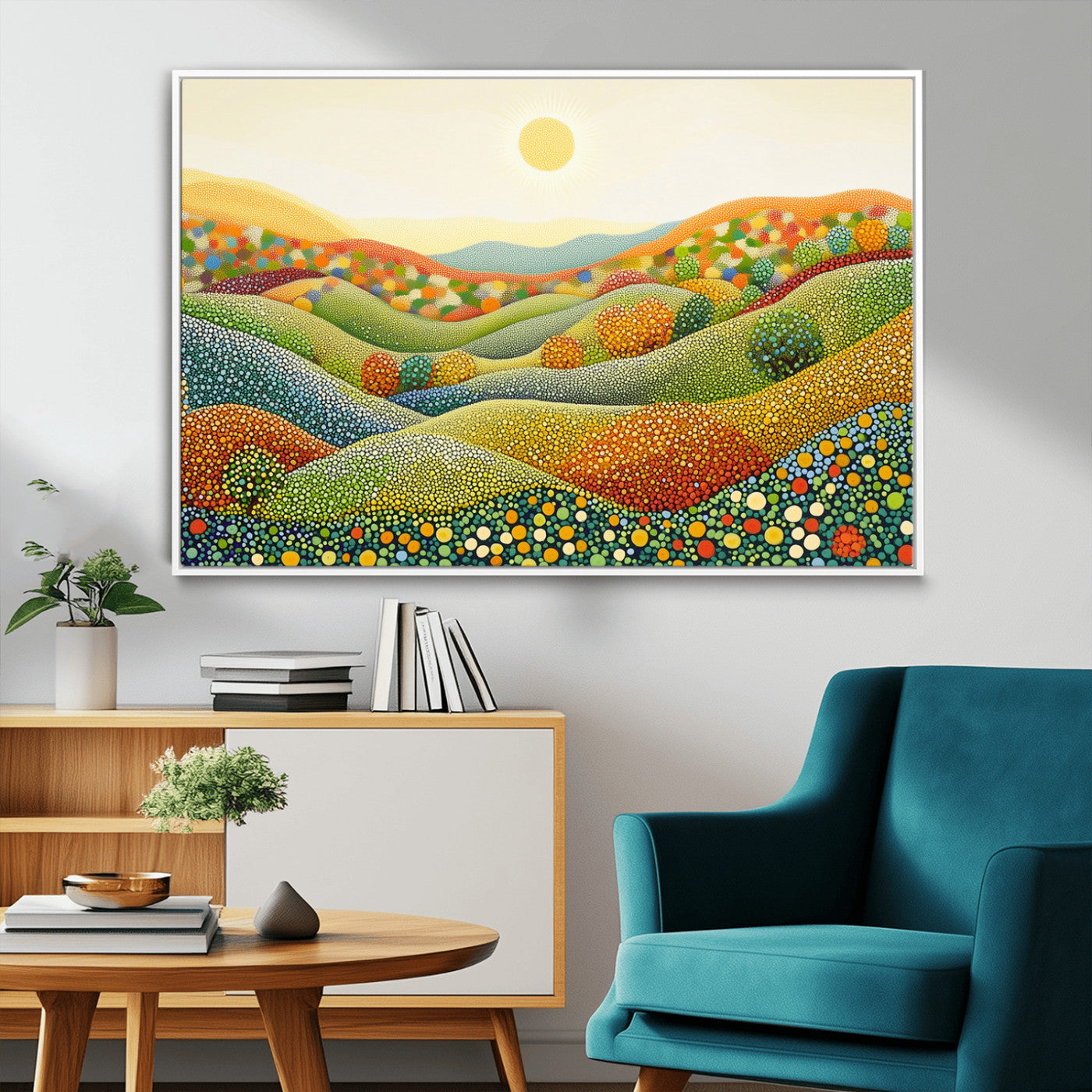 MGV-FC-36X24 - YAYOI KUSAMA Colorful Dot Art Landscape Canvas - Framed Abstract Pointillism Inspired by Nature with