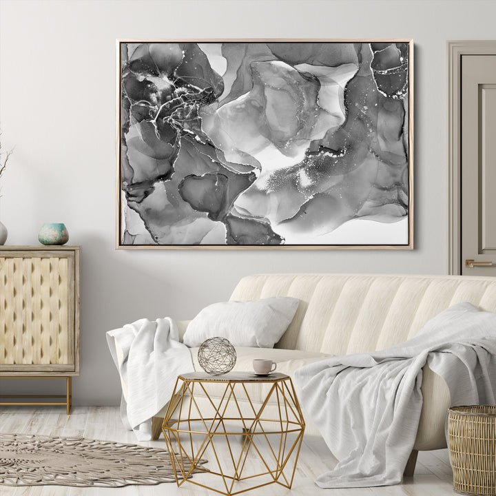 Black White Abstract Canvas Wall Art - Fluid Ink Artwork - Modern Luxury Wall Decor for Contemporary Interiors