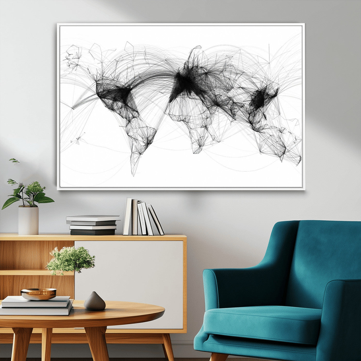50136-MGV-FC-36X24_White-Abstract World Map Wall Art – Framed Geometric Line Canvas Artwork, Modern Global Design, Contemporary Decor for Home, Office