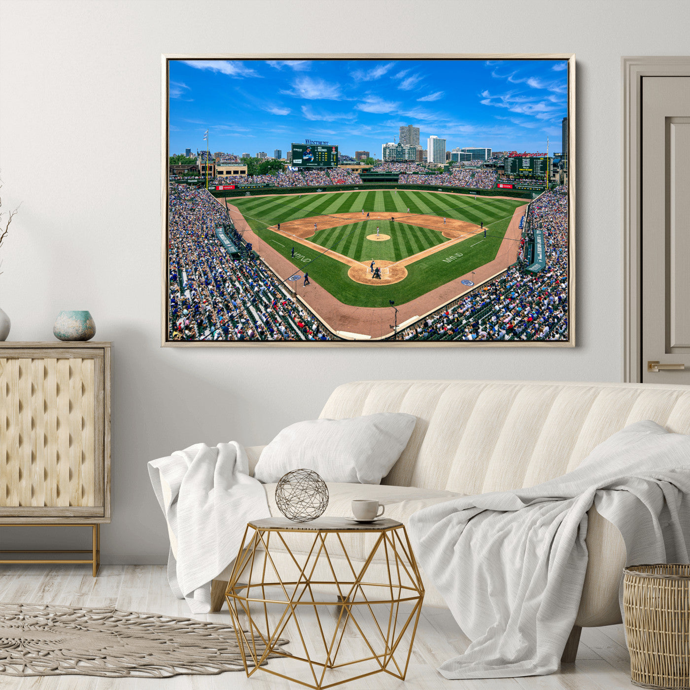 26064-MGV-CV-30X20-Framed Wrigley Field Chicago Cubs Print, Panoramic Multi Piece Canvas Wall Art - Iconic Baseball Stadium Print for Sports Lovers - Ready to
