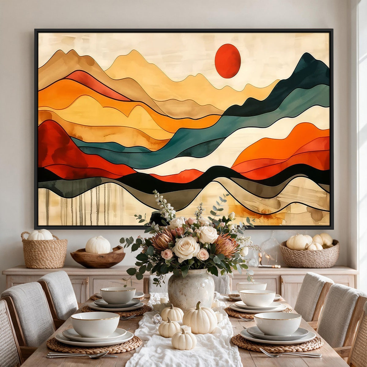 23241-MGV-CV-24X16 - Mid Century Wall Art Print, Abstract Woodland Mountain Print, Panoramic Modern Art